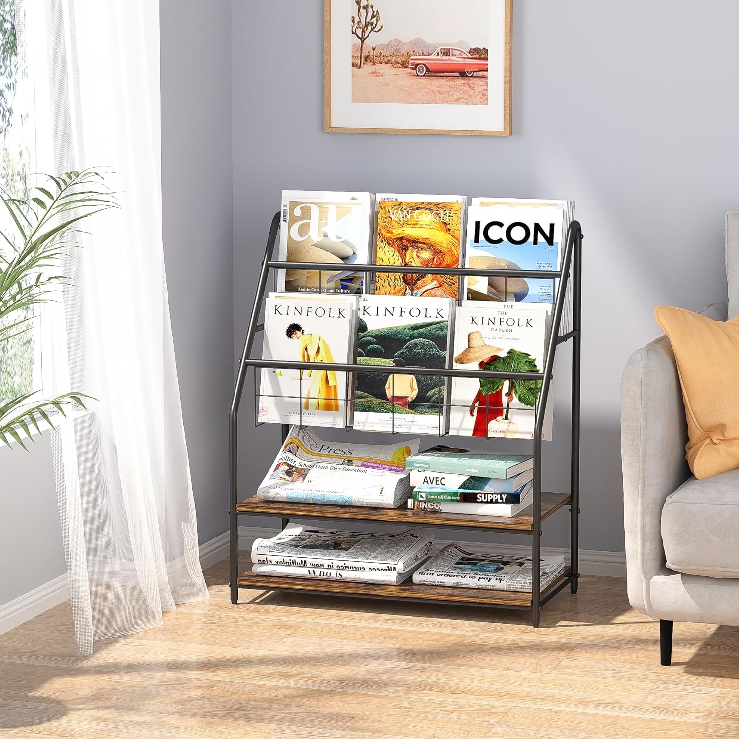 VECELO Newspaper Magazine Holders,2-Tier Metal Racks Brochure Display Stand - VECELO