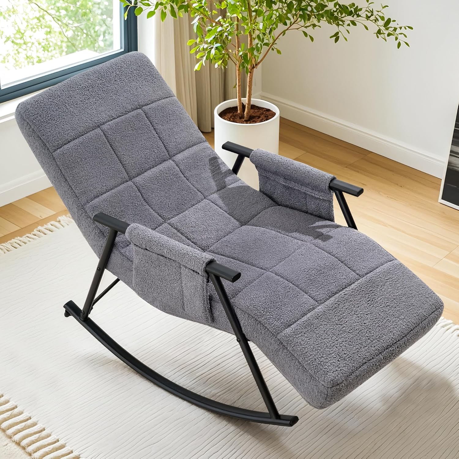 VECELO High Back Nursery Rocking Chair with Foot Rest, Teddy Upholstered Reclining Glider Rocker - VECELO