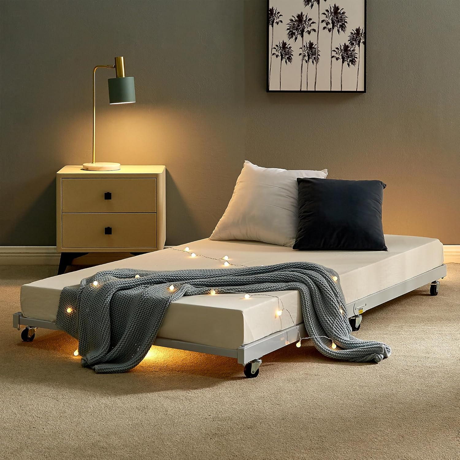 VECELO Twin Trundle Bed Frame Only/Roll Out/Enhanced & Up-Graded Metal Slats Support, White