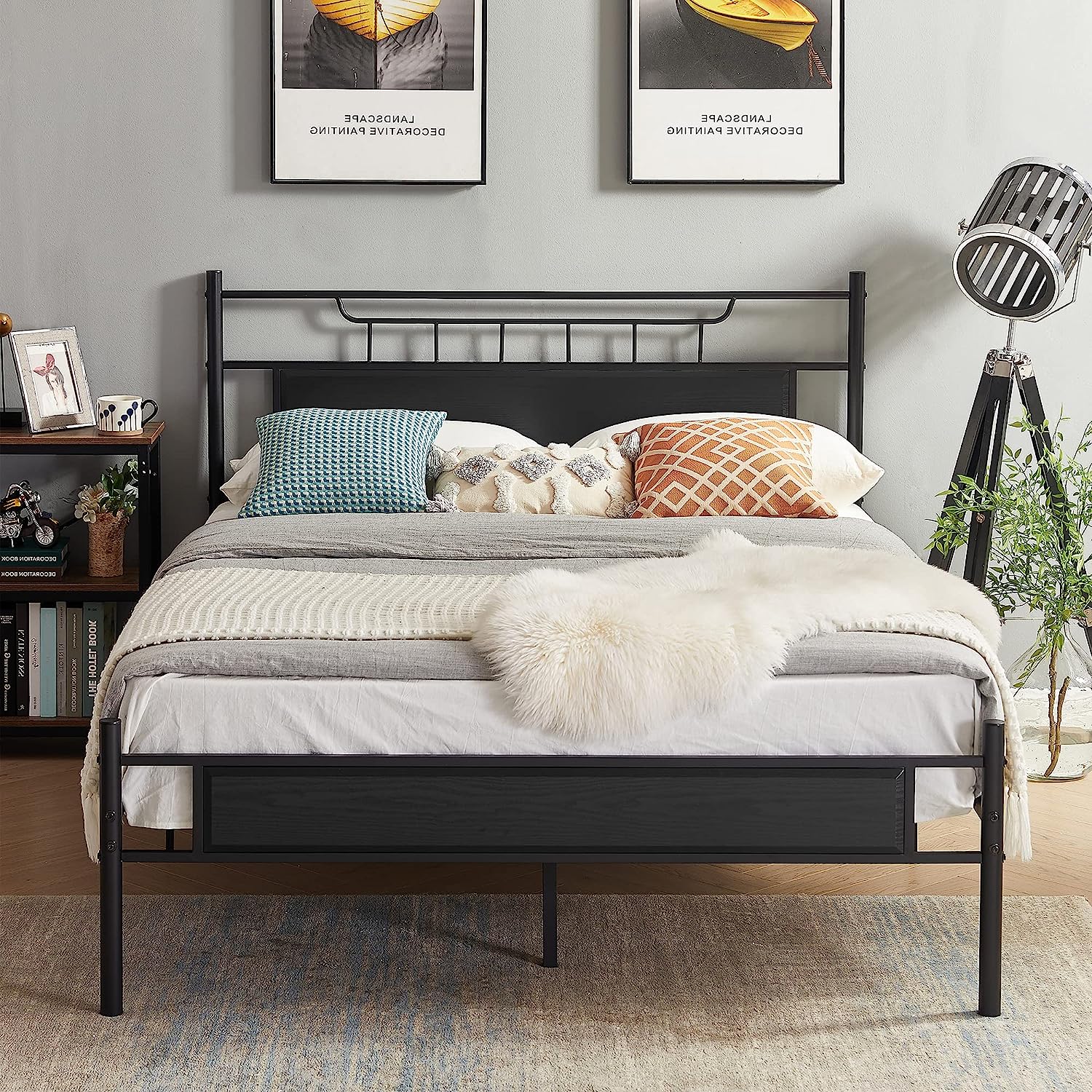 VECELO Platform Bed Frame with Wood Headboard No Box Spring Needed Heavy Duty Steel Slat - VECELO