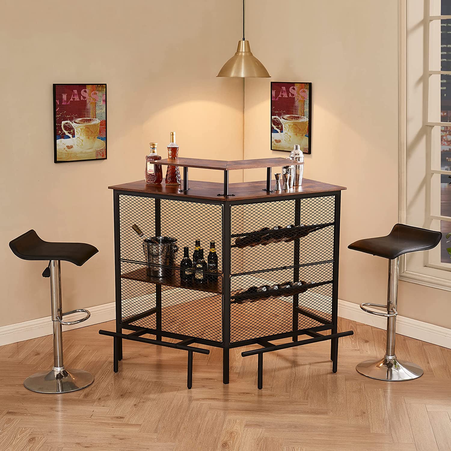 VECELO Bar Unit, 3 Tier Liquor Cabinet with Metal Mesh Front - VECELO