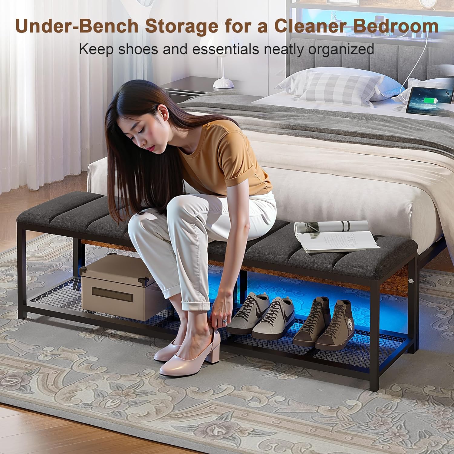 VECELO Bed Frame with LED Lights and Bench