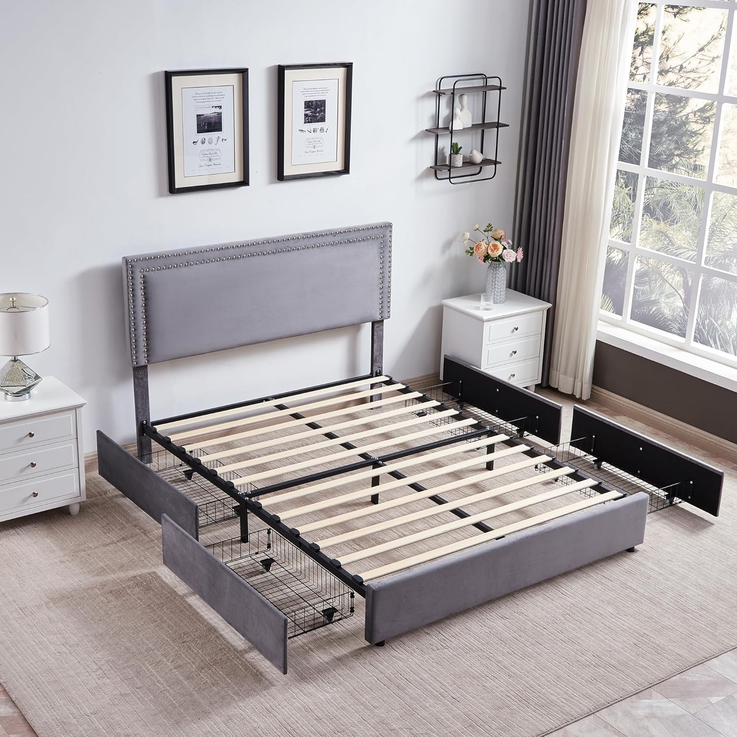 VECELO Upholstered Platform Bed Frame Platform with 4 Storage Drawers - VECELO