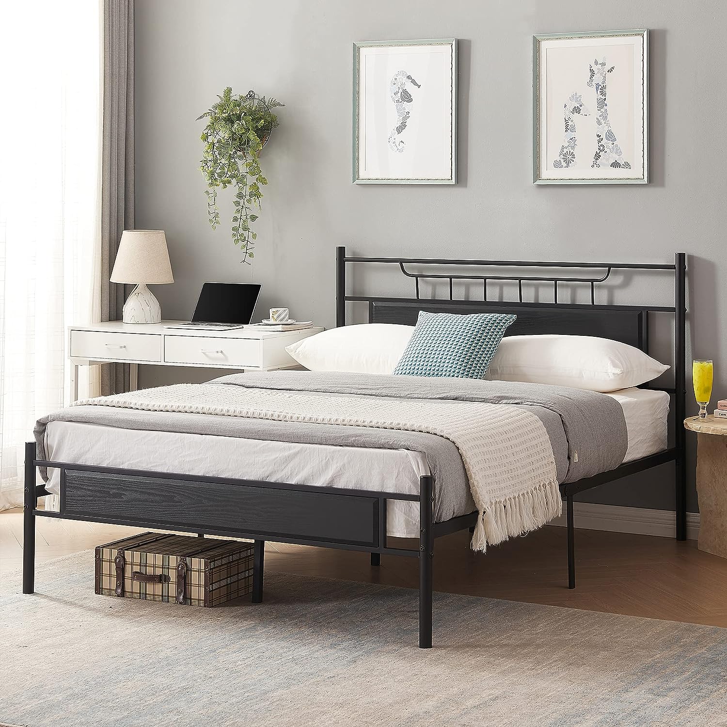 VECELO Platform Bed Frame with Wood Headboard No Box Spring Needed Heavy Duty Steel Slat - VECELO