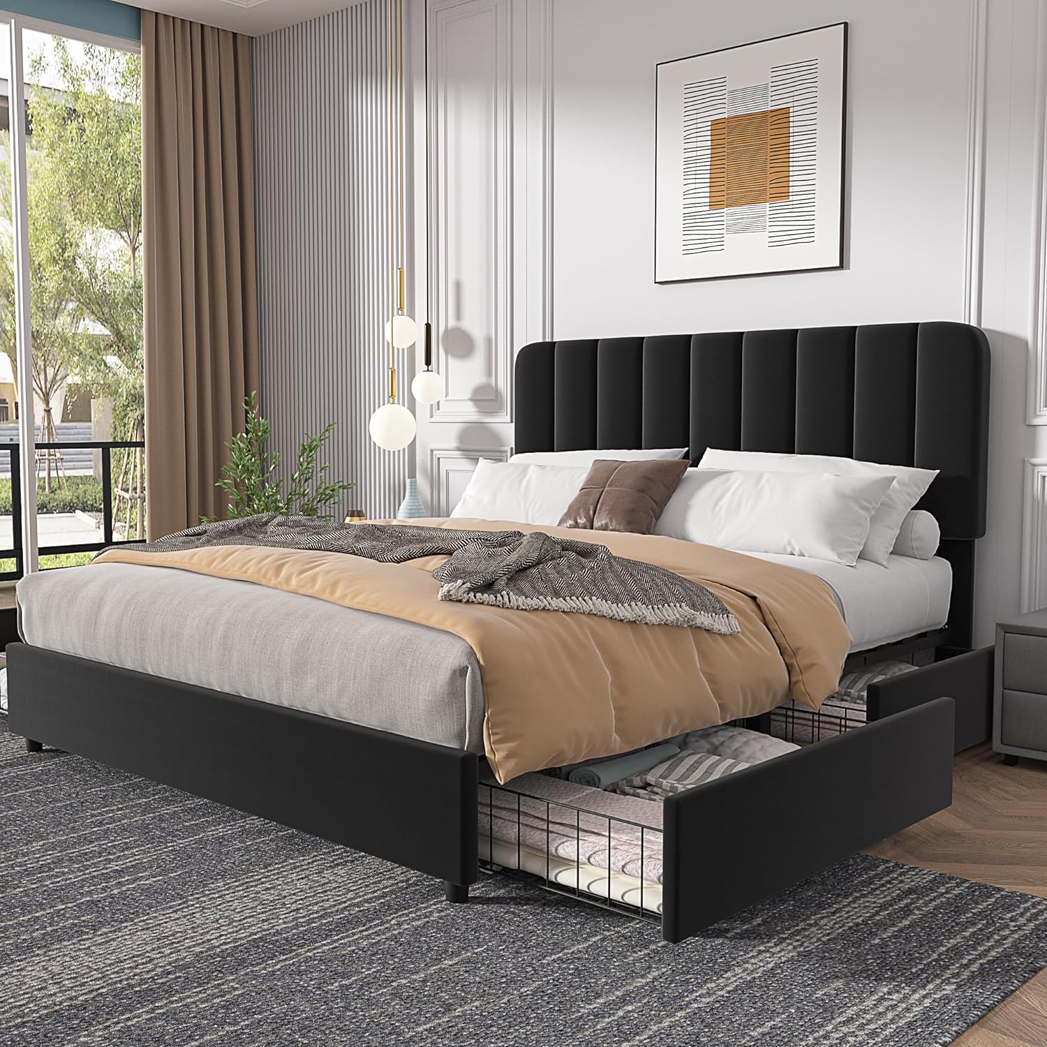 VECELO Upholstered Bed Frame with 4 Drawers and Adjustable Headboard - VECELO