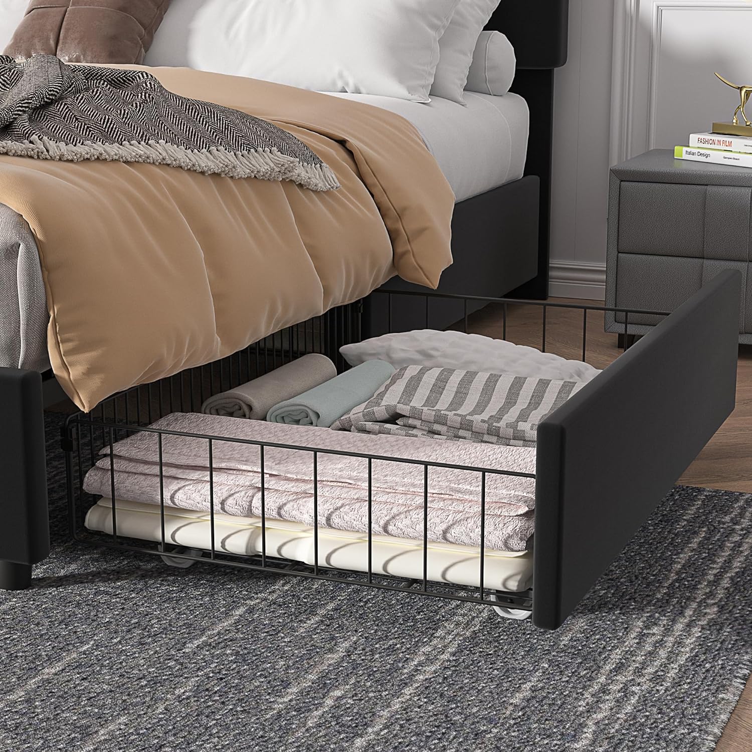 VECELO Upholstered Bed Frame with 4 Drawers and Adjustable Headboard - VECELO
