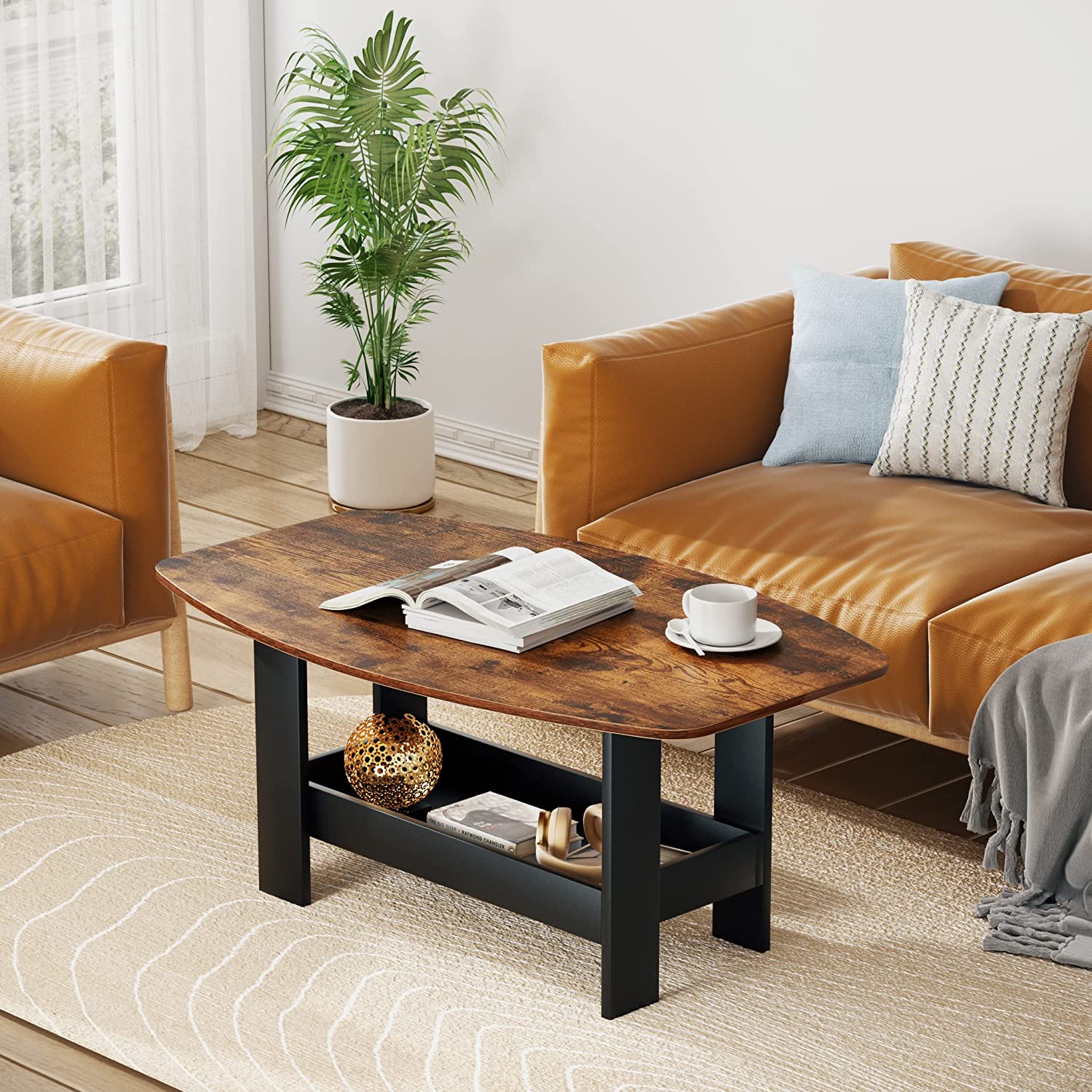 VECELO Coffee Table for Living Room with Storage Compartment Shelf, Rustic Brown - VECELO