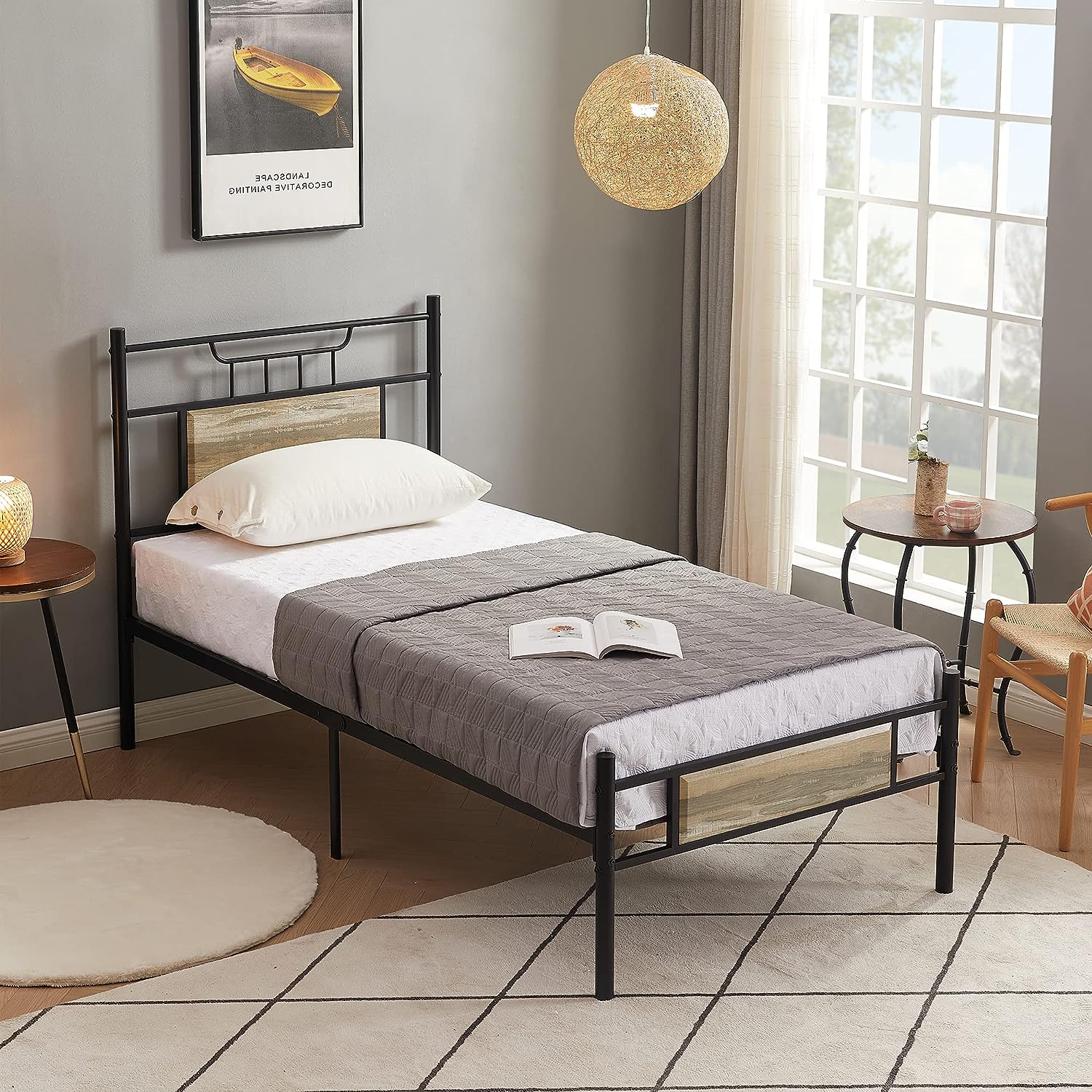 VECELO Platform Bed Frame with Wood Headboard No Box Spring Needed Heavy Duty Steel Slat - VECELO