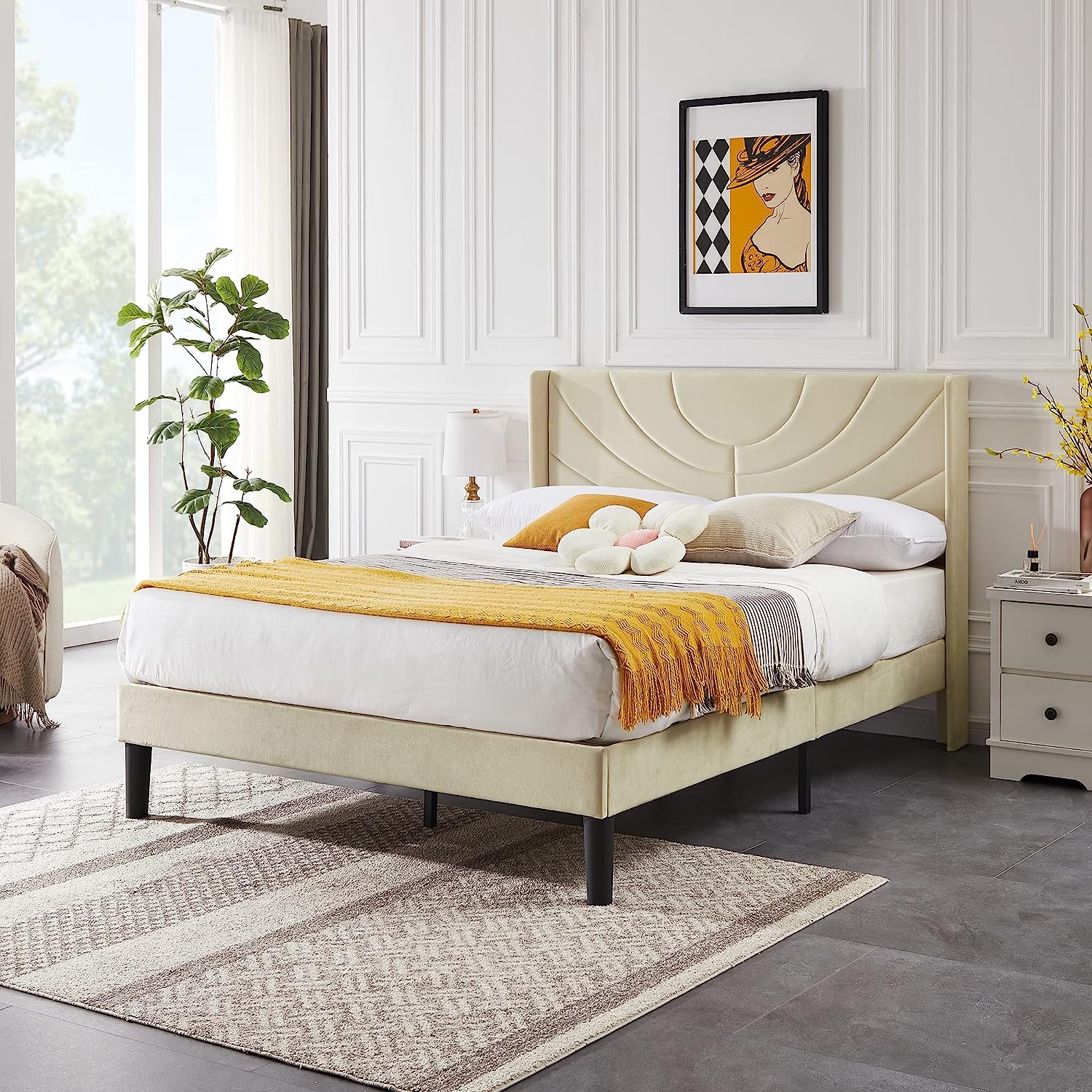 VECELO Upholstered Platform Bed Frame with Adjustable Fabric Headboard - VECELO