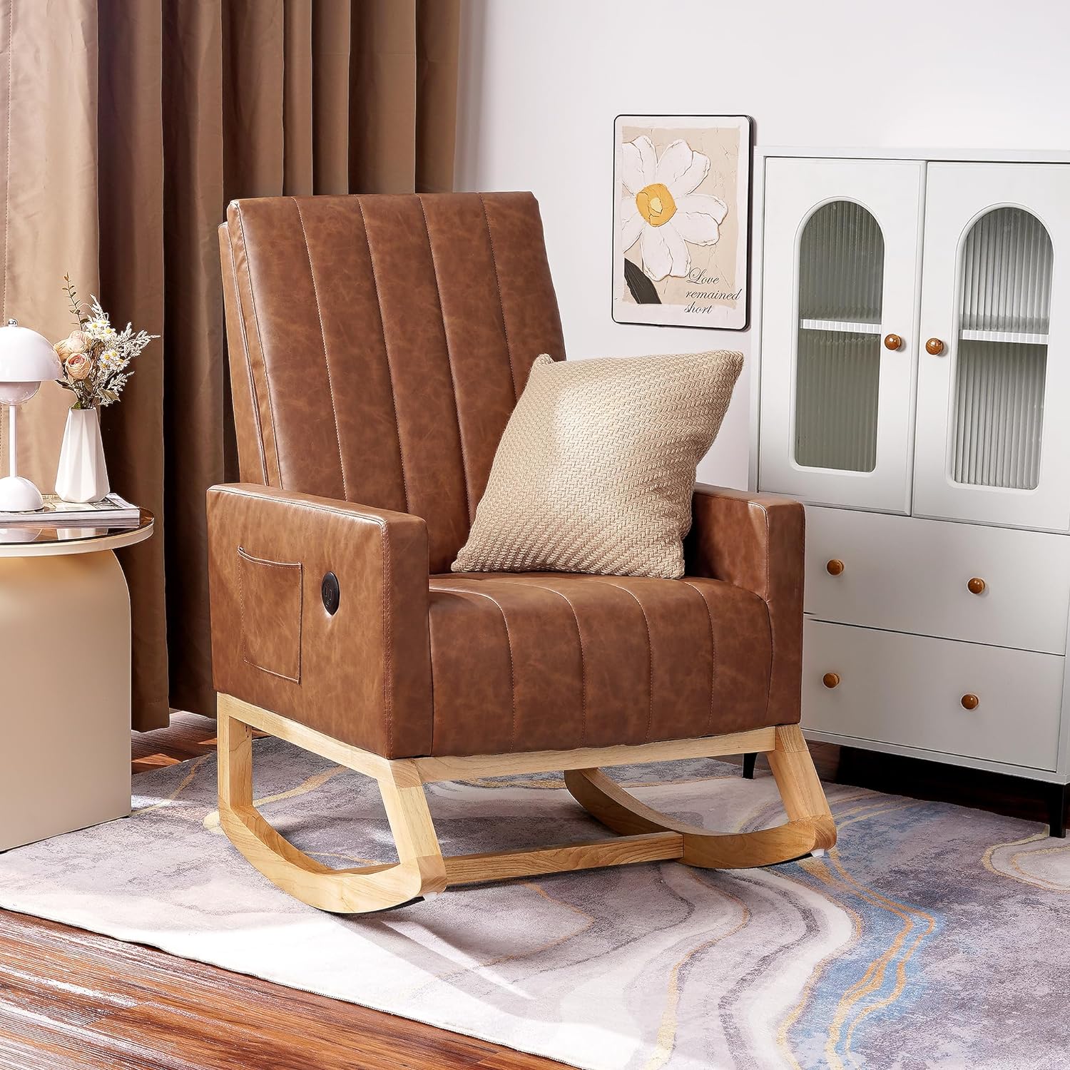 VECELO Rocking Chair Upholstered Nursery Glider Rocker High Backrest Comfy Armchair with Side Pocket and USB Port - VECELO
