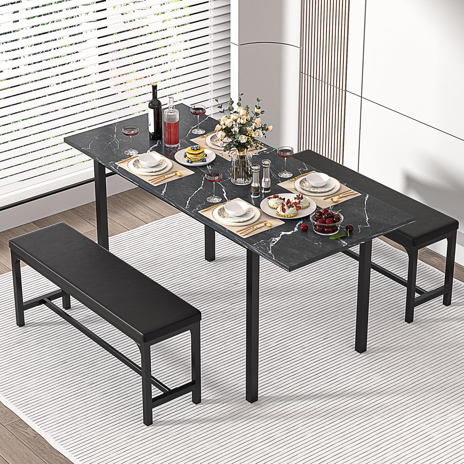 VECELO 3-Piece 63" Extendable Kitchen Table with Benches/Chairs - VECELO