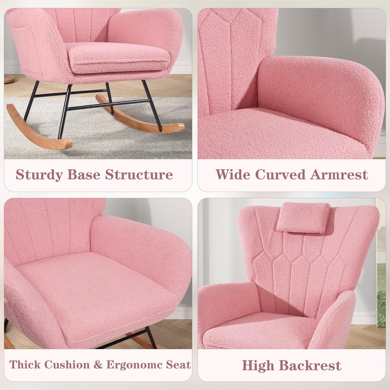 VECELO Rocking Chair Nursery with Thick Headrest, Modern Teddy Upholstered Reading Glider Rocker Accent Armchair with High Backrest - VECELO