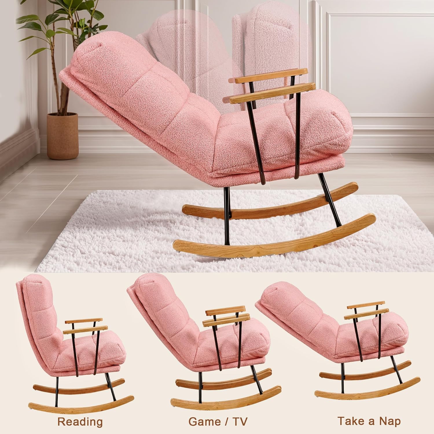 VECELO Rocking Chair Nursery Teddy Fabric Modern Upholstered Glider Rocker with High Backrest for Living Room - VECELO
