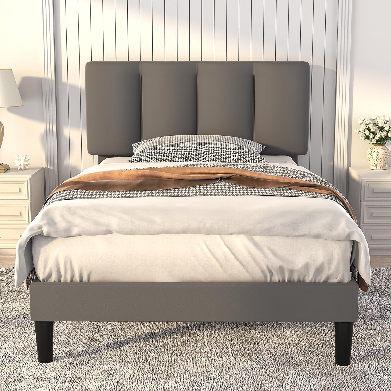 VECELO Modern Upholstered Platform Bedframe, Adjustable Headboard - VECELO