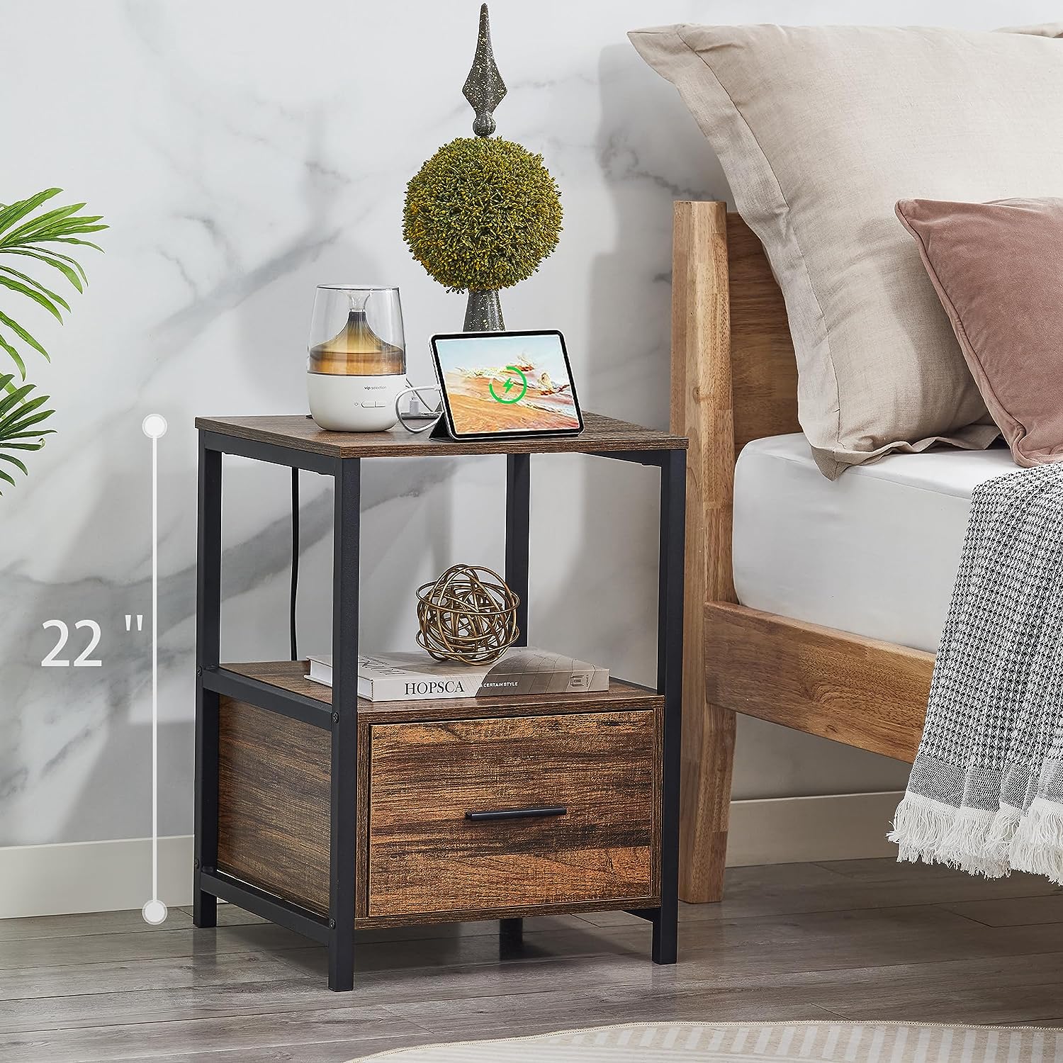VECELO Modern Nightstand with Charging Station and USB Ports End Side Table - VECELO