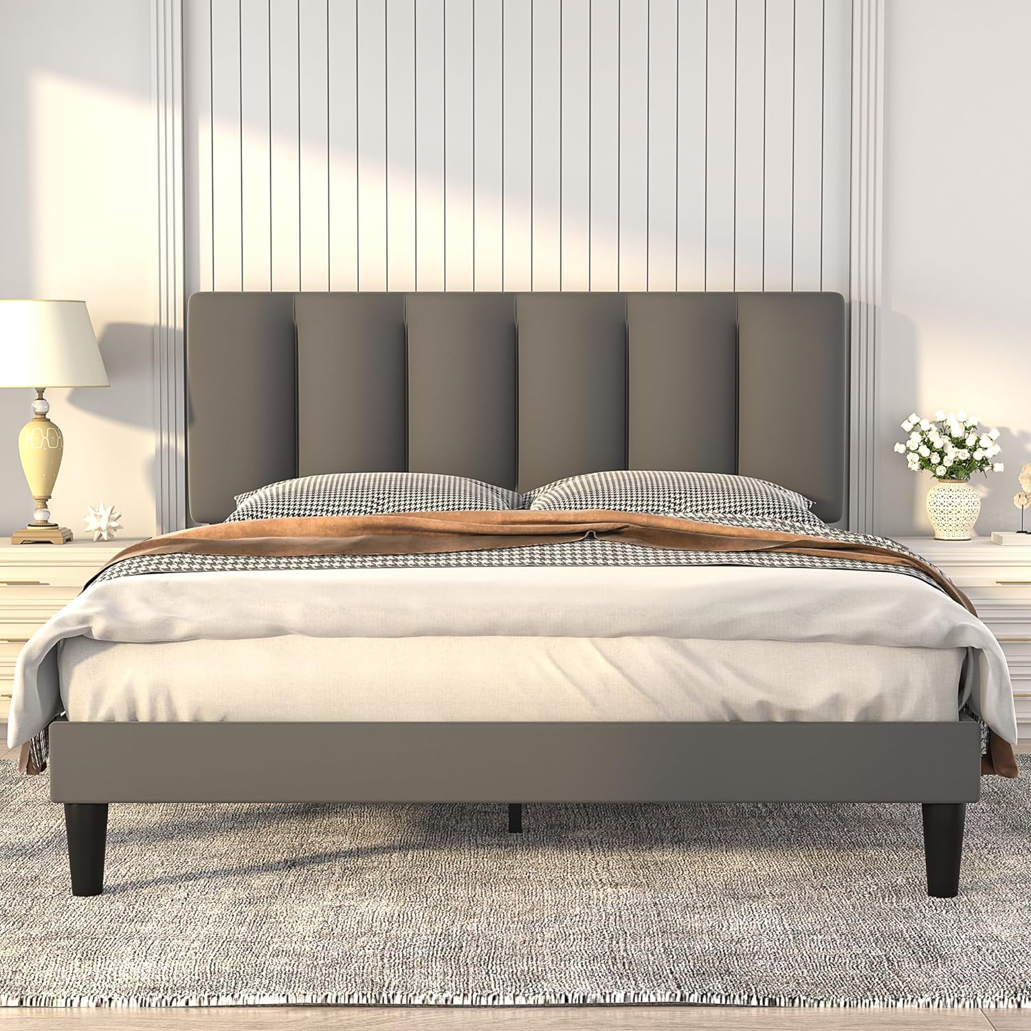 VECELO Modern Upholstered Platform Bedframe, Adjustable Headboard - VECELO