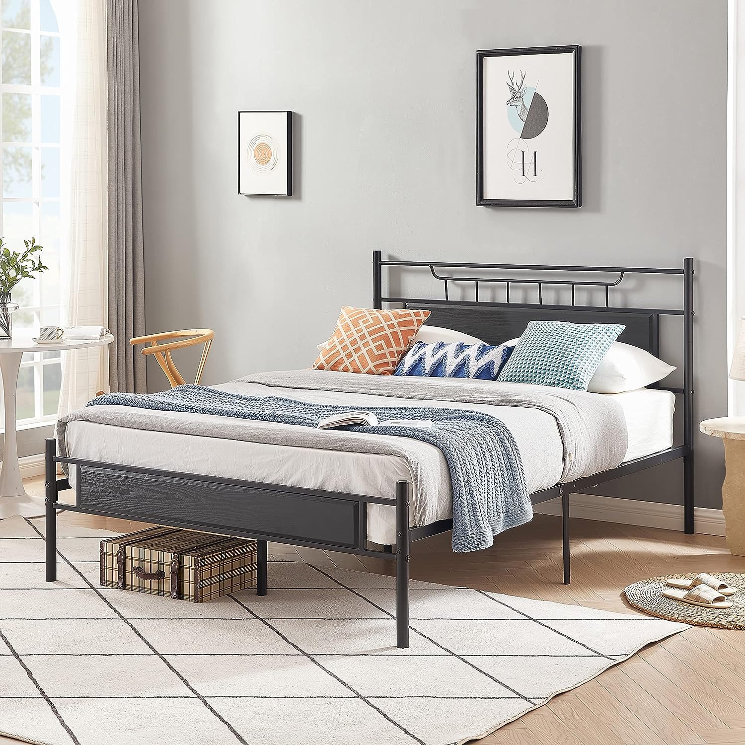 VECELO Platform Bed Frame with Wood Headboard No Box Spring Needed Heavy Duty Steel Slat - VECELO