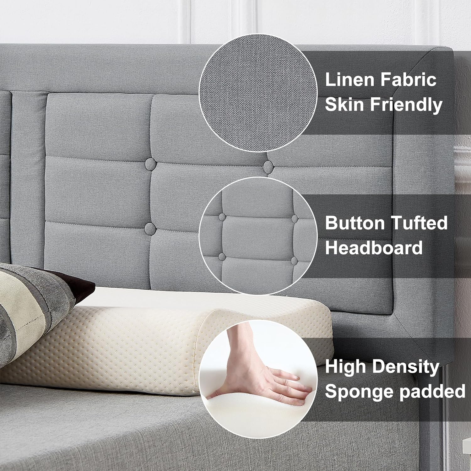 VECELO Upholstered Platform Bed Frame with Height Adjustable Headboard - VECELO