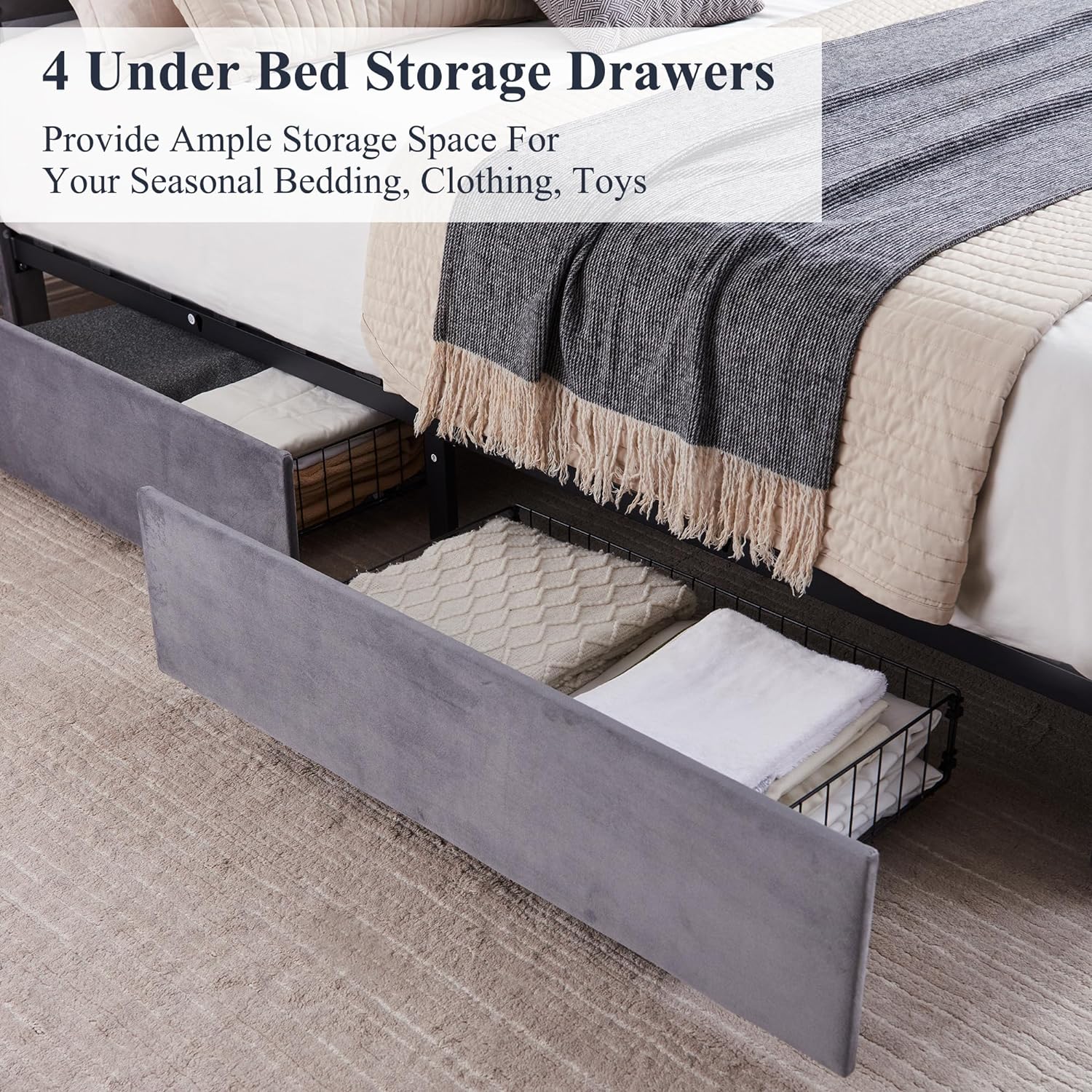 VECELO Upholstered Platform Bed Frame Platform with 4 Storage Drawers - VECELO