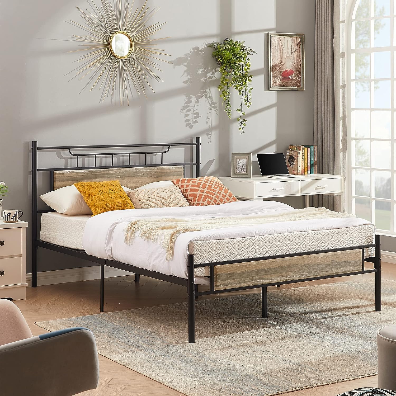 VECELO Platform Bed Frame with Wood Headboard No Box Spring Needed Heavy Duty Steel Slat - VECELO