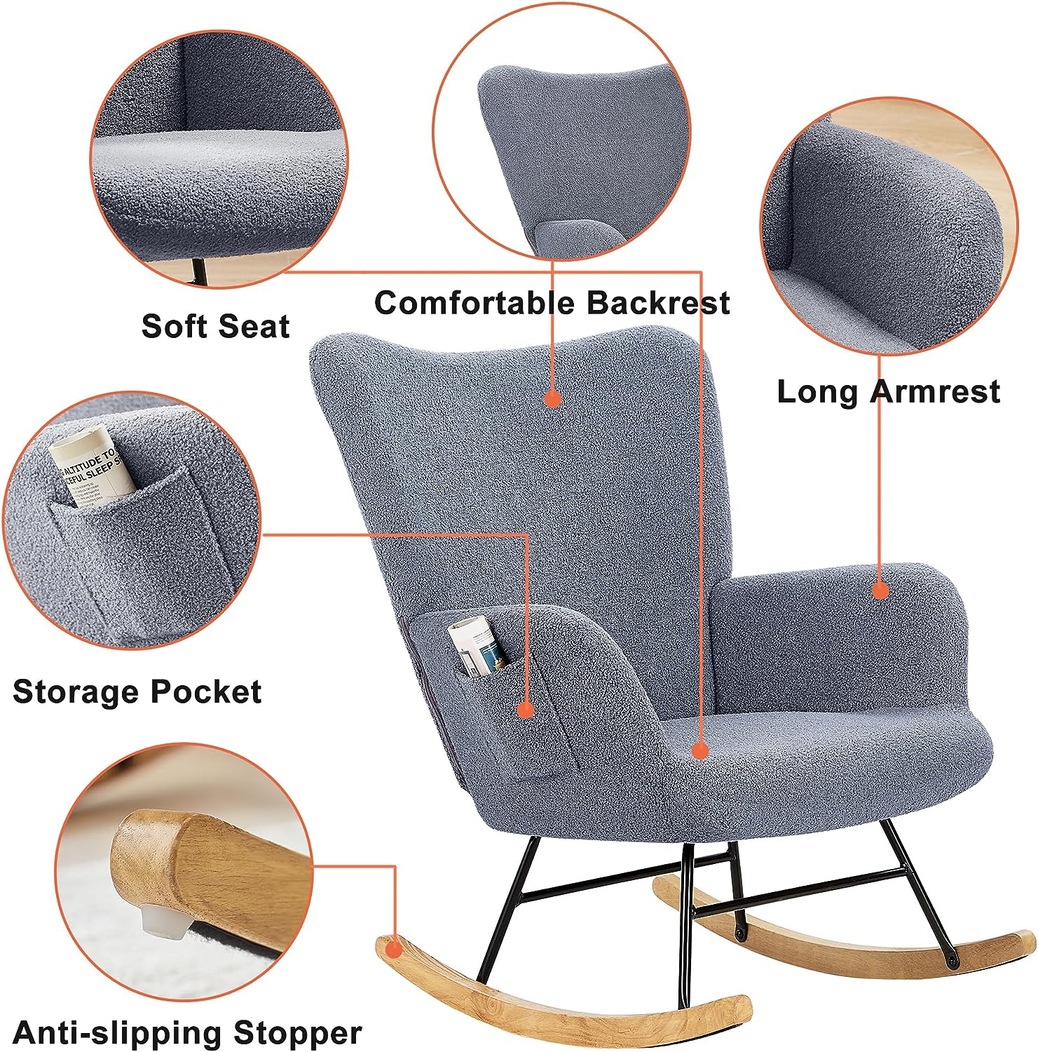 VECELO Rocking Chair, Modern Upholstered Teddy Fabric Nursery Glider - VECELO