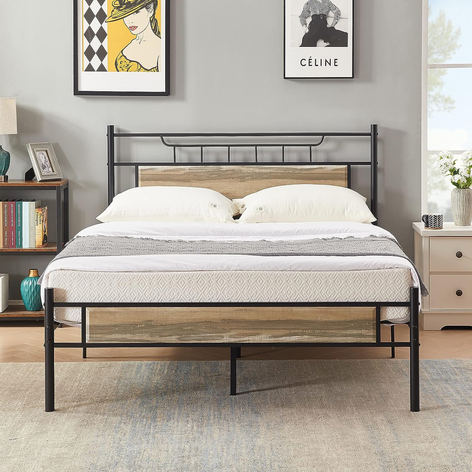 VECELO Platform Bed Frame with Wood Headboard No Box Spring Needed Heavy Duty Steel Slat - VECELO
