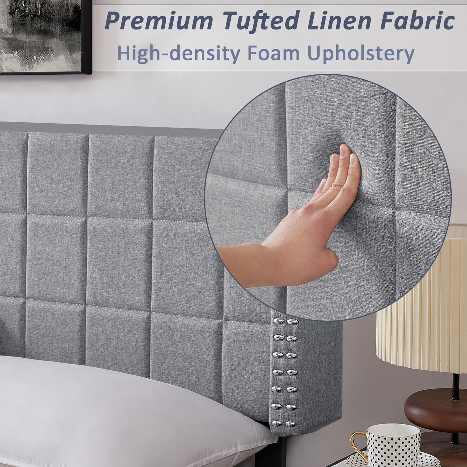 VECELO Linen Upholstered Headboard for Queen/King Size Bed, Tufted Nailhead & Double Wingback for Bedroom - VECELO