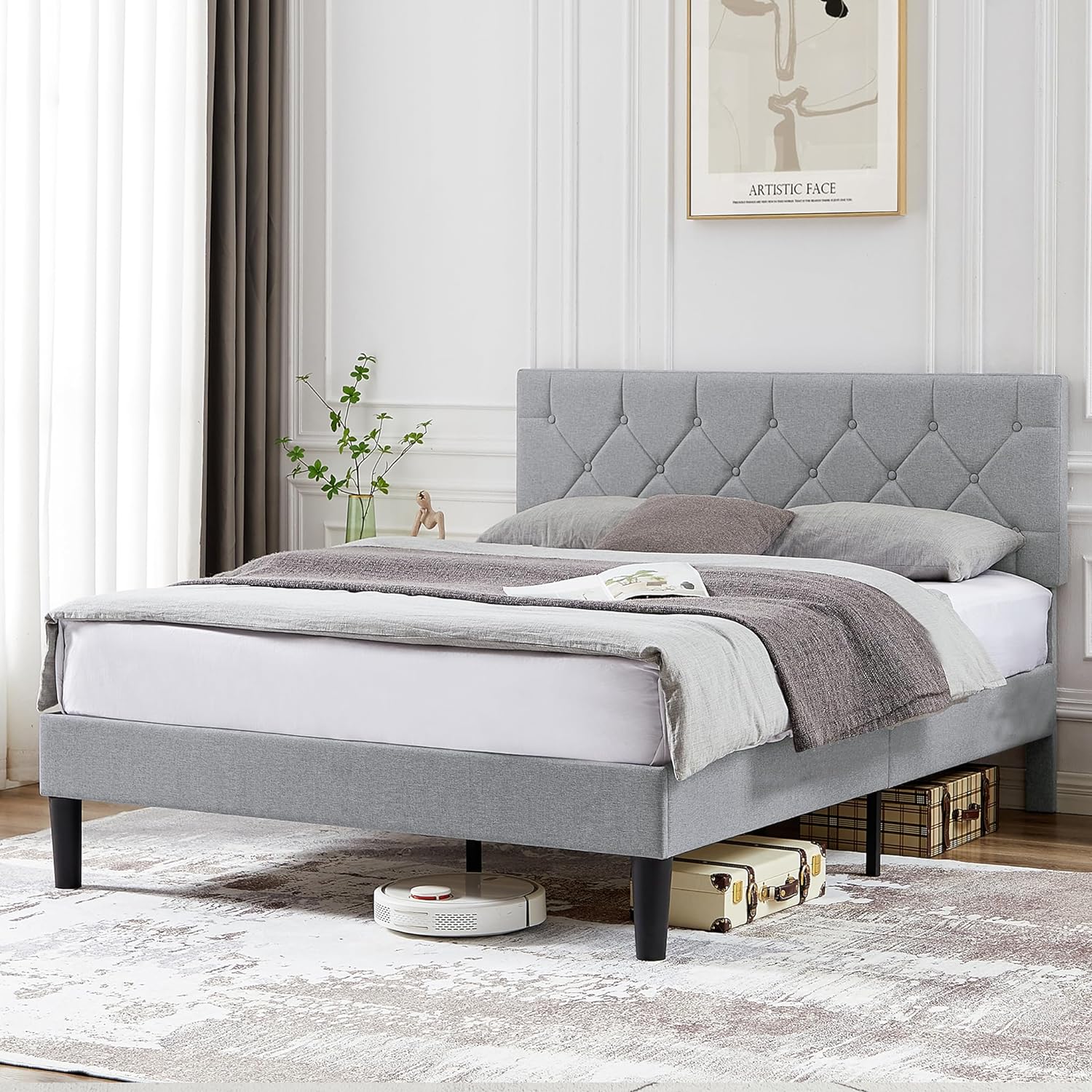 VECELO Bed Frame, Upholstered Platform with Adjustable Diamond Tufted Headboard - VECELO