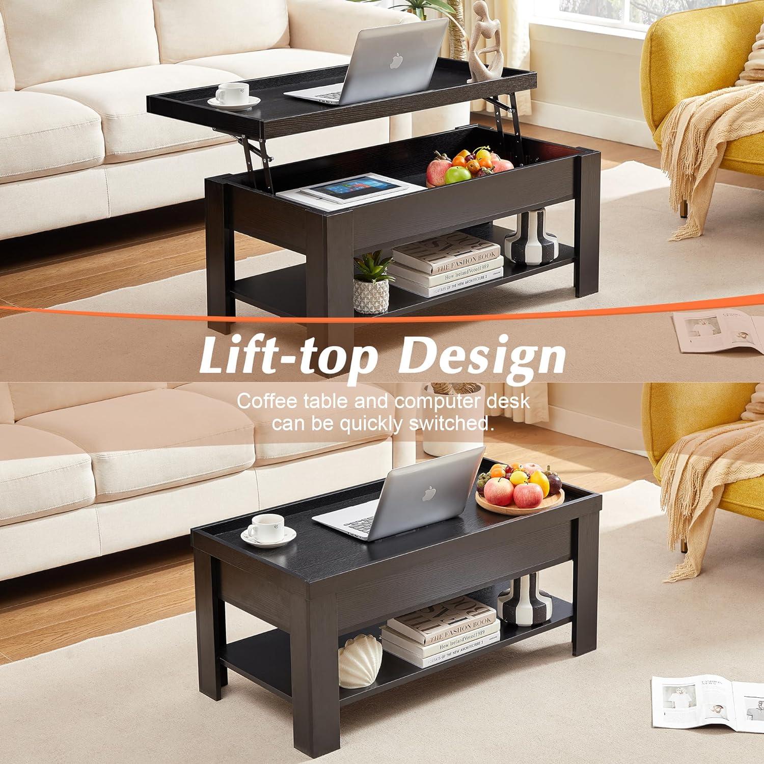 VECELO Lift Top Coffee Table with Storage Shelf - VECELO