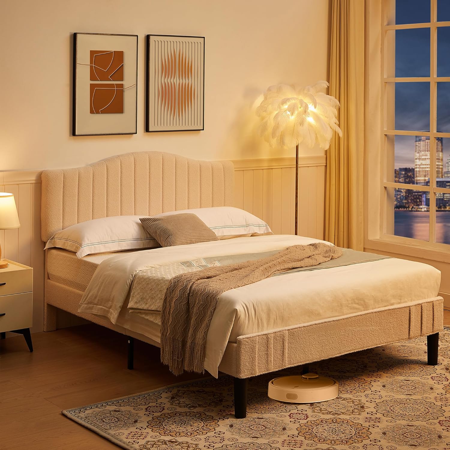 VECELO Upholstered Platform Bed Frame with Sheepskin Fabric Adjustable Headboard/Strong Wood Slats Supports - VECELO