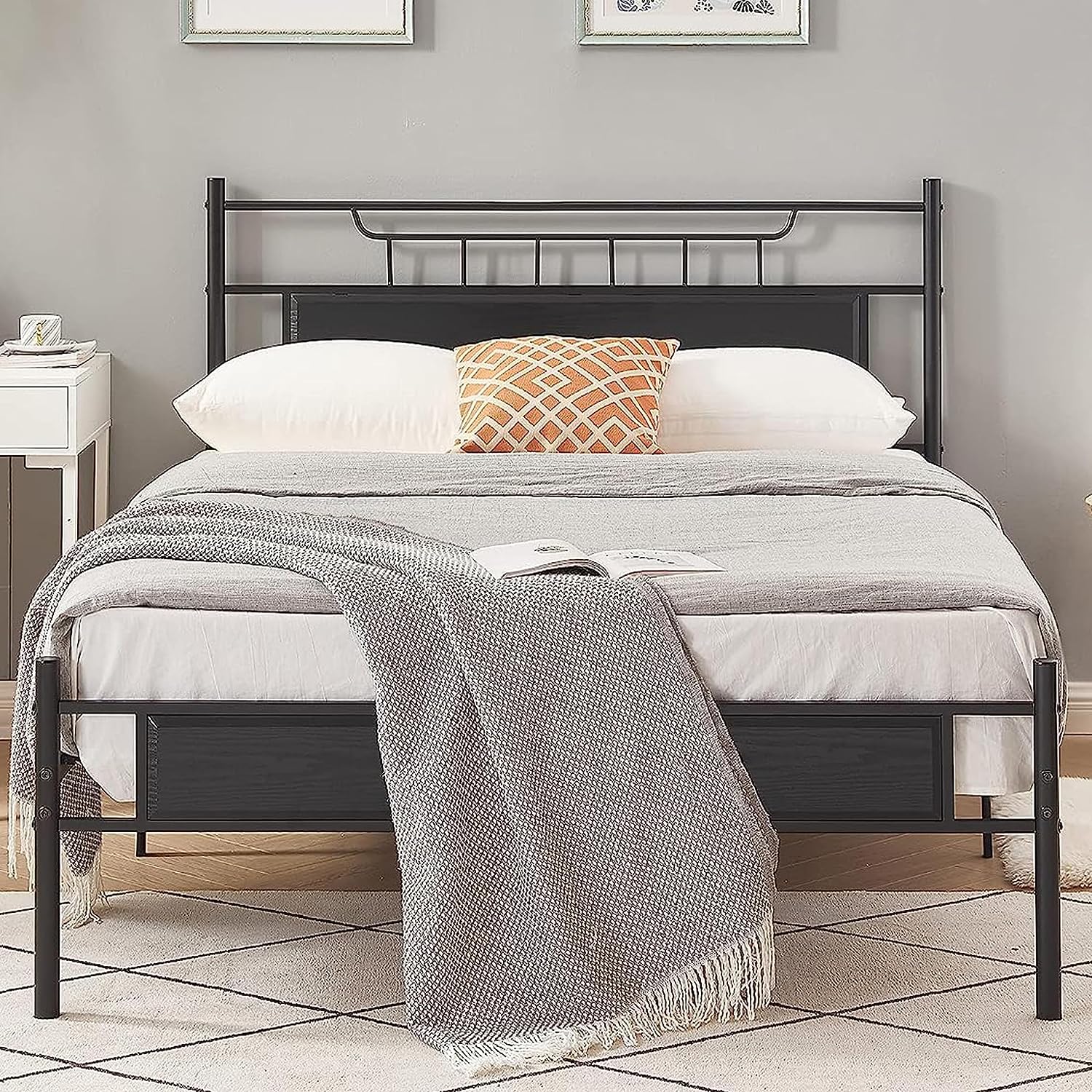 VECELO Platform Bed Frame with Wood Headboard No Box Spring Needed Heavy Duty Steel Slat - VECELO