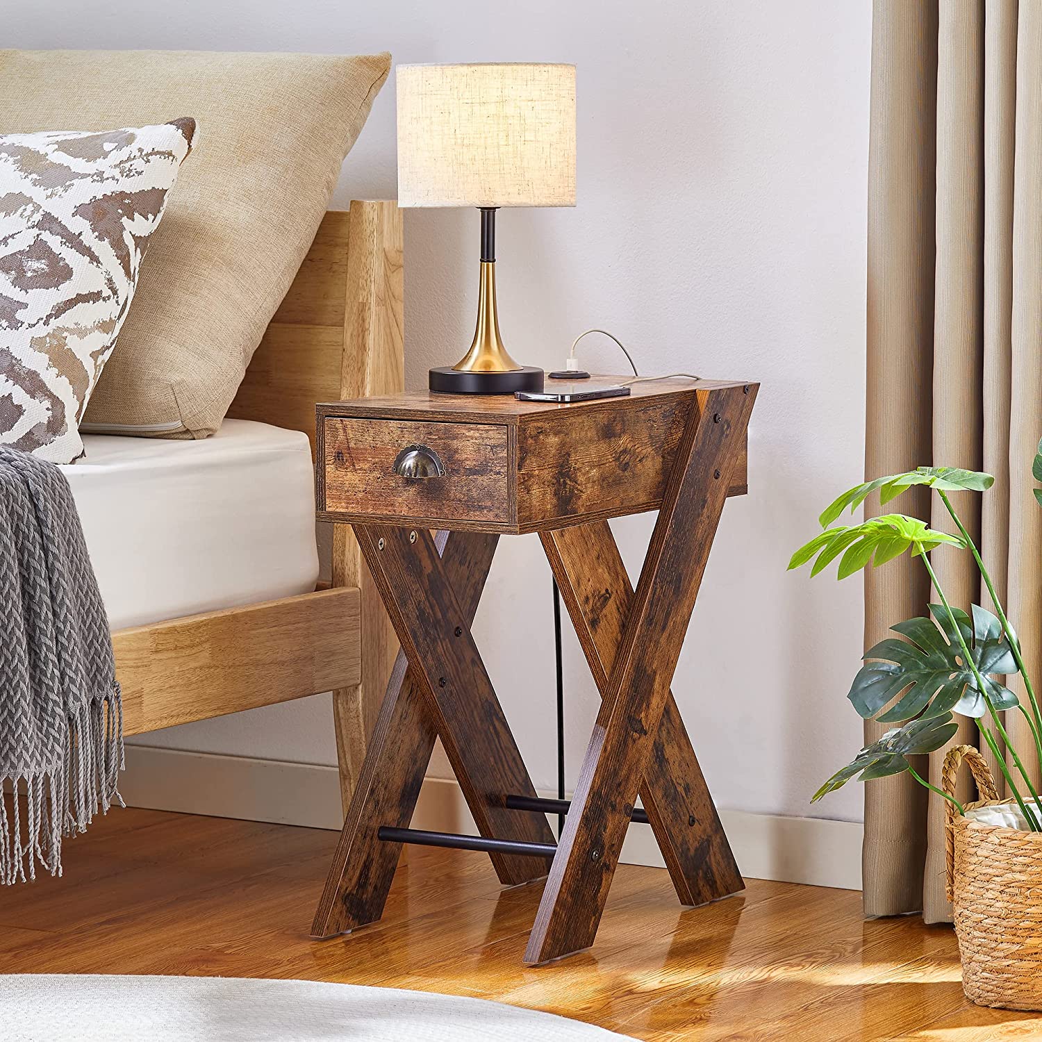 VECELO End Side Table with Charging Station Narrow Nightstand with Drawer& USB Ports - VECELO