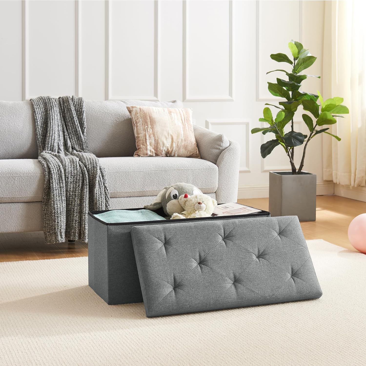 VECELO Folding Storage Ottoman Bench, Storage Chest, Linen Fabric - VECELO