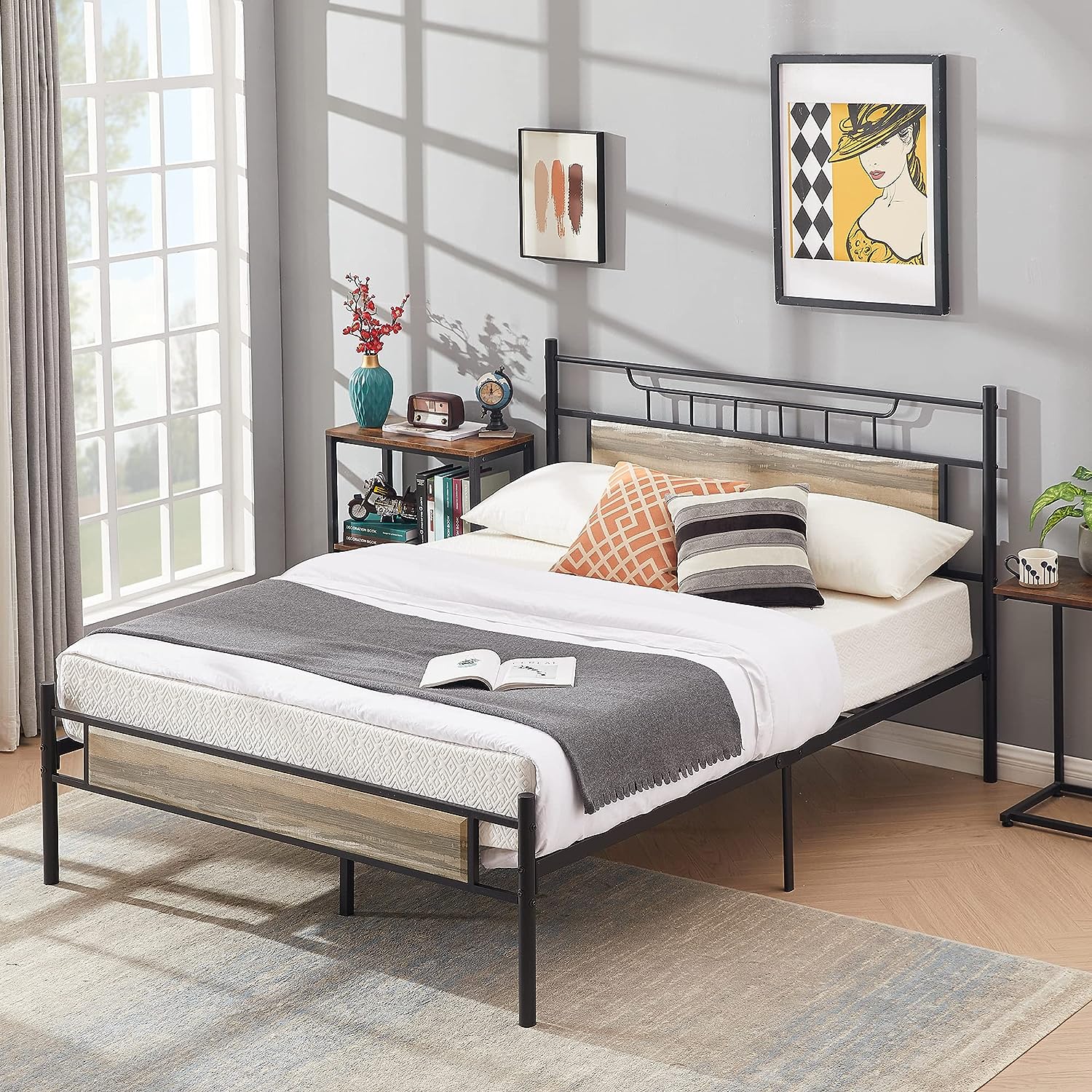 VECELO Platform Bed Frame with Wood Headboard No Box Spring Needed Heavy Duty Steel Slat - VECELO