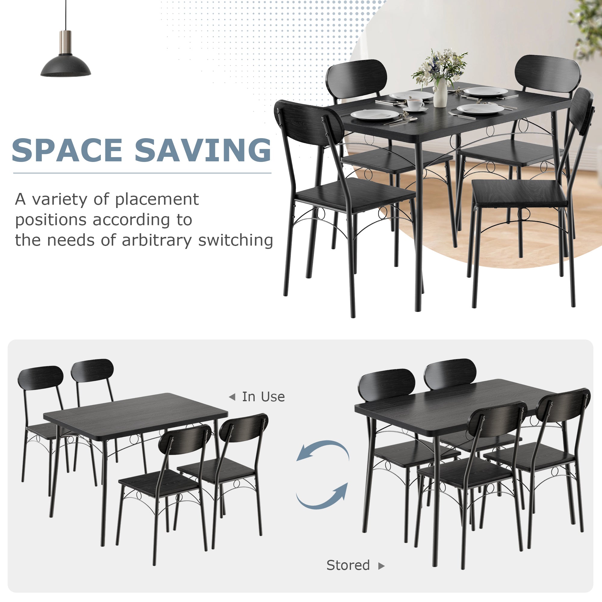 VECELO Farmhouse Style 5 Piece Dining Table Set Metal and Wood Rectangular Table with 4 Chairs - VECELO