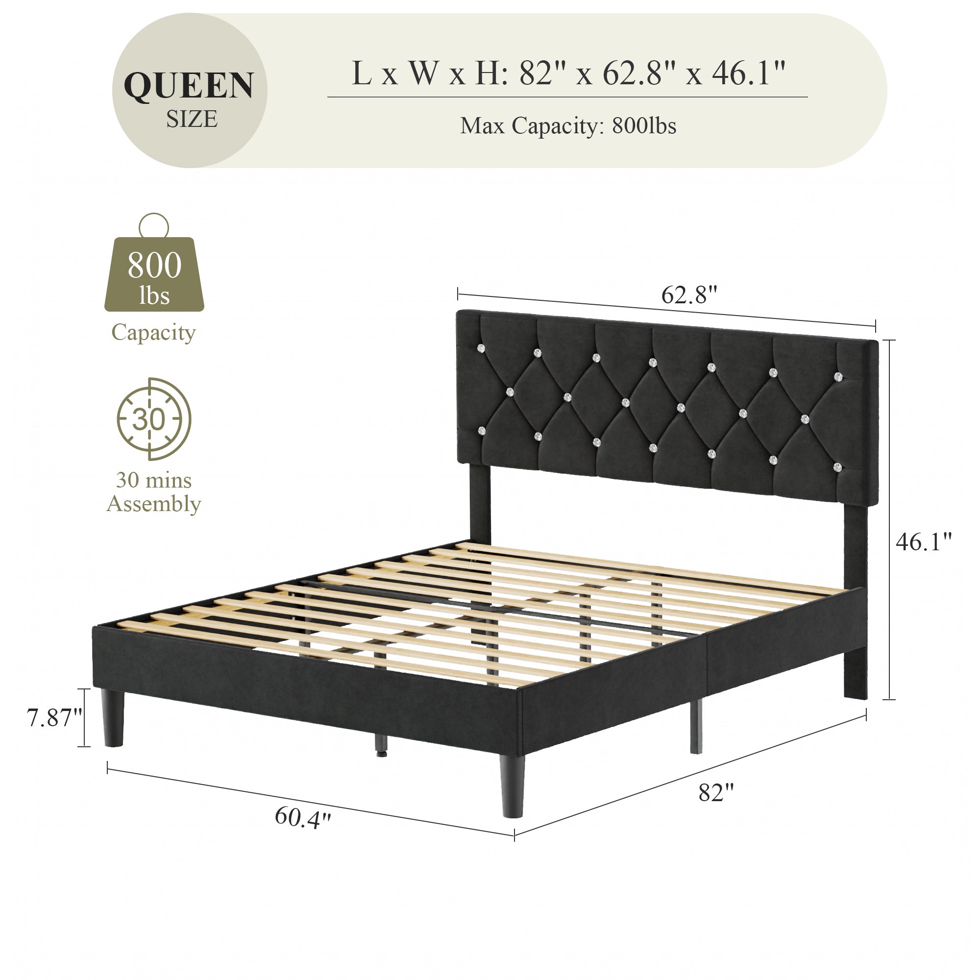 VECELO Bed Frame, Upholstered Platform with Adjustable Diamond Tufted Headboard - VECELO