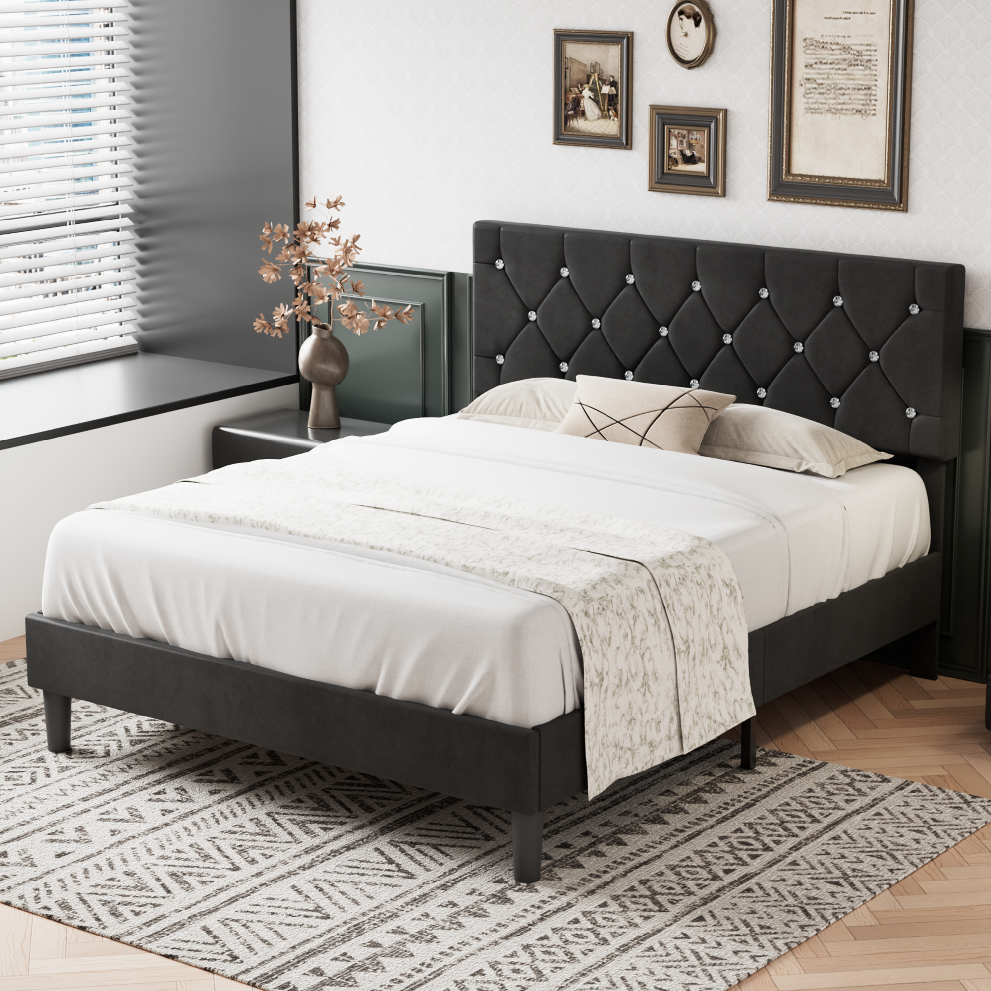 VECELO Bed Frame, Upholstered Platform with Adjustable Diamond Tufted Headboard - VECELO