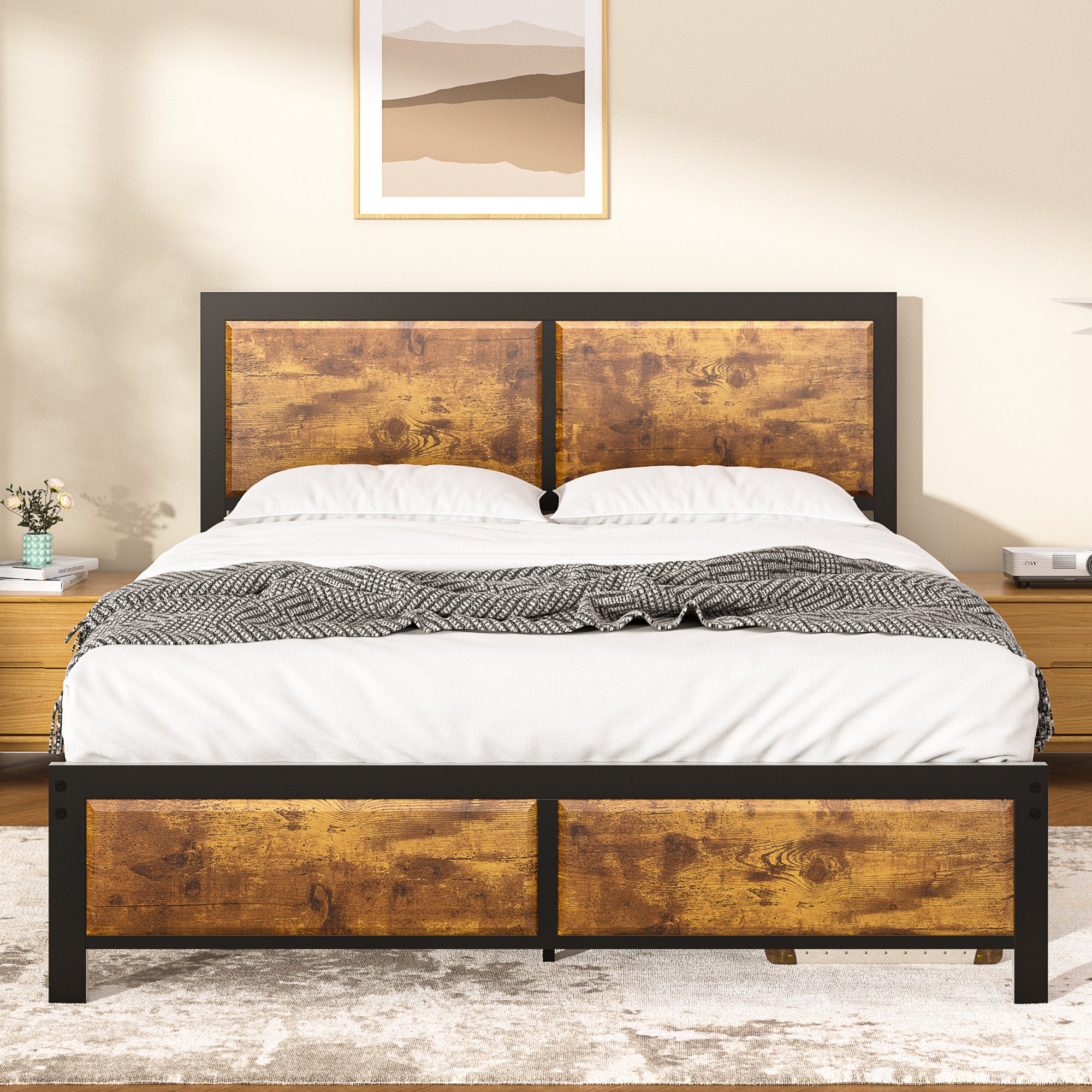 VECELO Platform Bed Frame, Mattress Foundation with Rustic Vintage Wood Headboard - VECELO