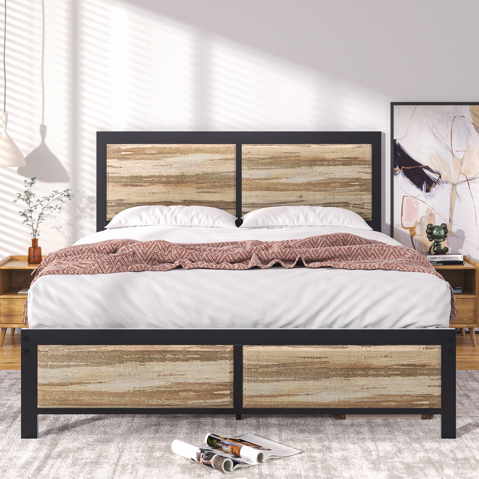 VECELO Platform Bed Frame, Mattress Foundation with Rustic Vintage Wood Headboard - VECELO