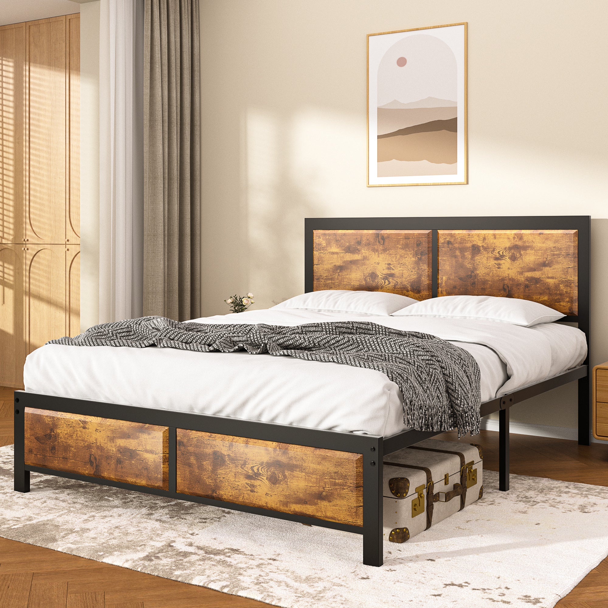 VECELO Platform Bed Frame, Mattress Foundation with Rustic Vintage Wood Headboard - VECELO
