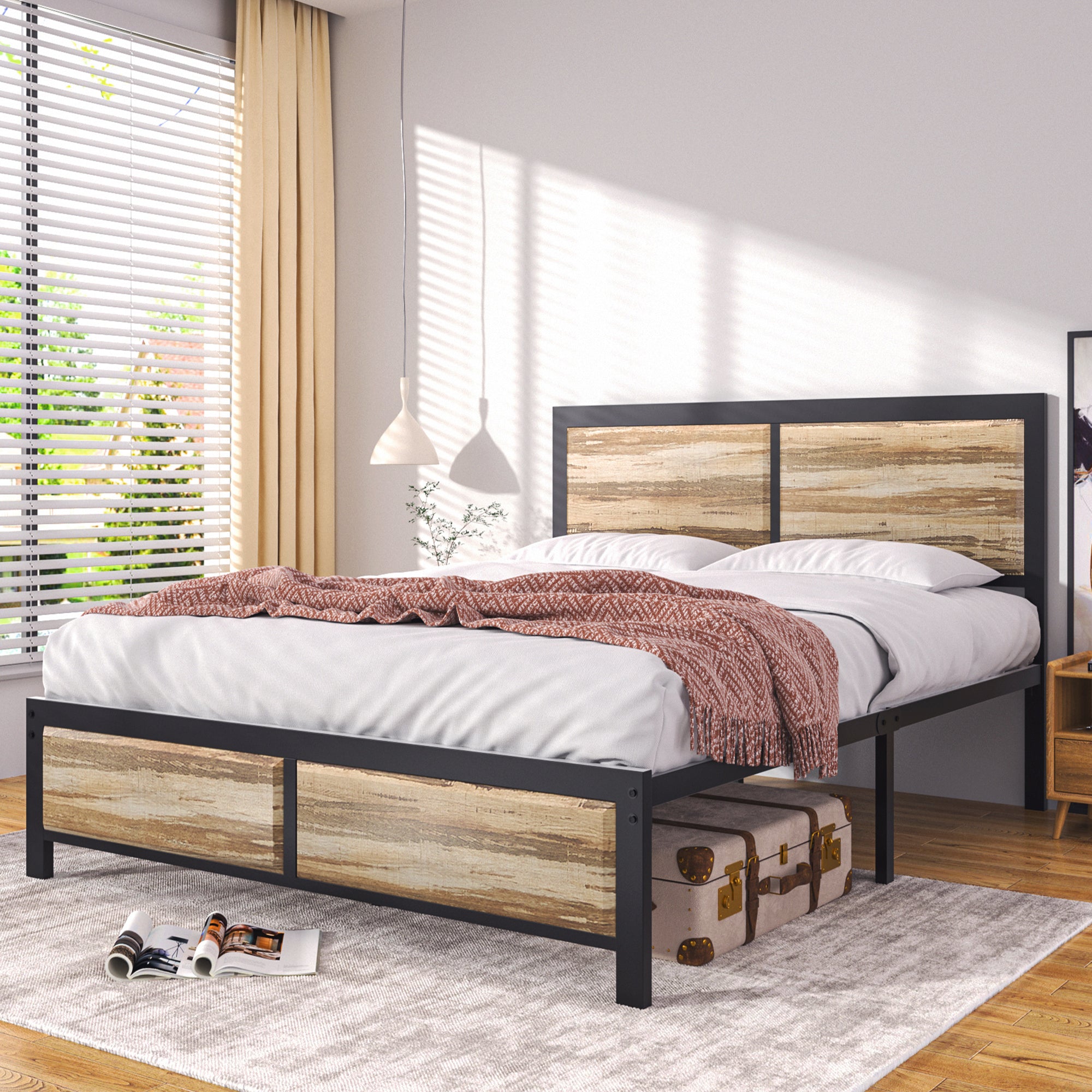 VECELO Platform Bed Frame, Mattress Foundation with Rustic Vintage Wood Headboard - VECELO