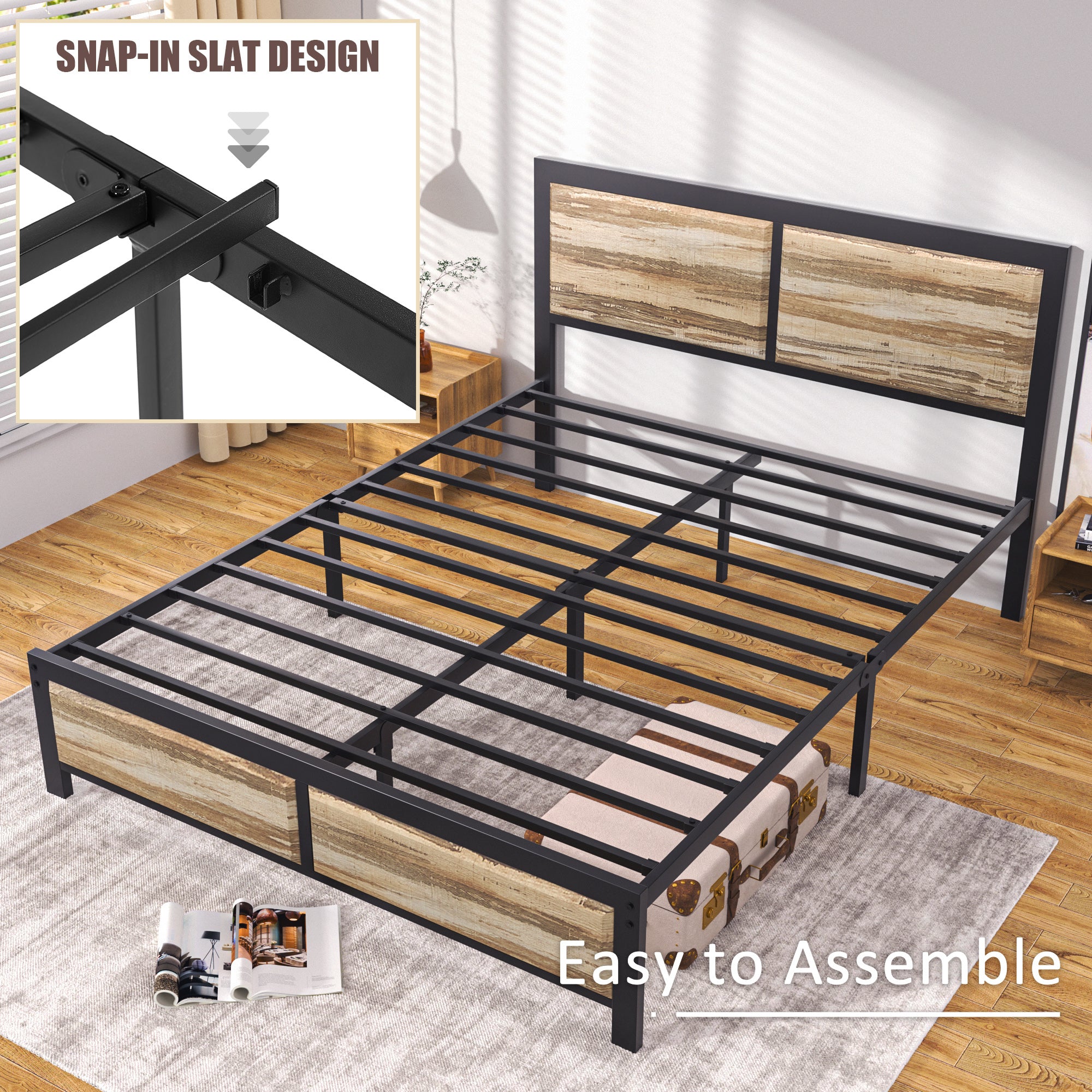 VECELO Platform Bed Frame, Mattress Foundation with Rustic Vintage Wood Headboard - VECELO