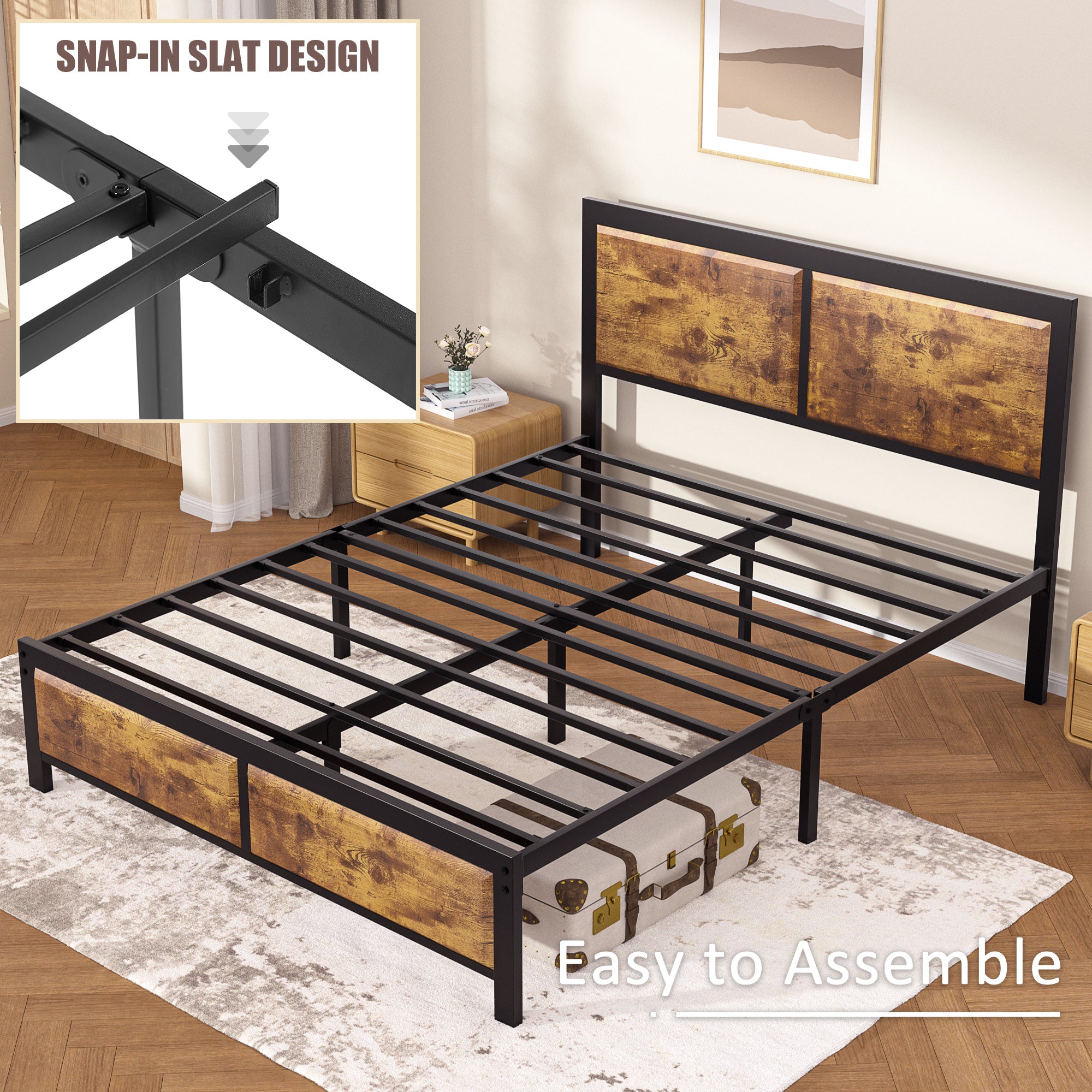 VECELO Platform Bed Frame, Mattress Foundation with Rustic Vintage Wood Headboard - VECELO