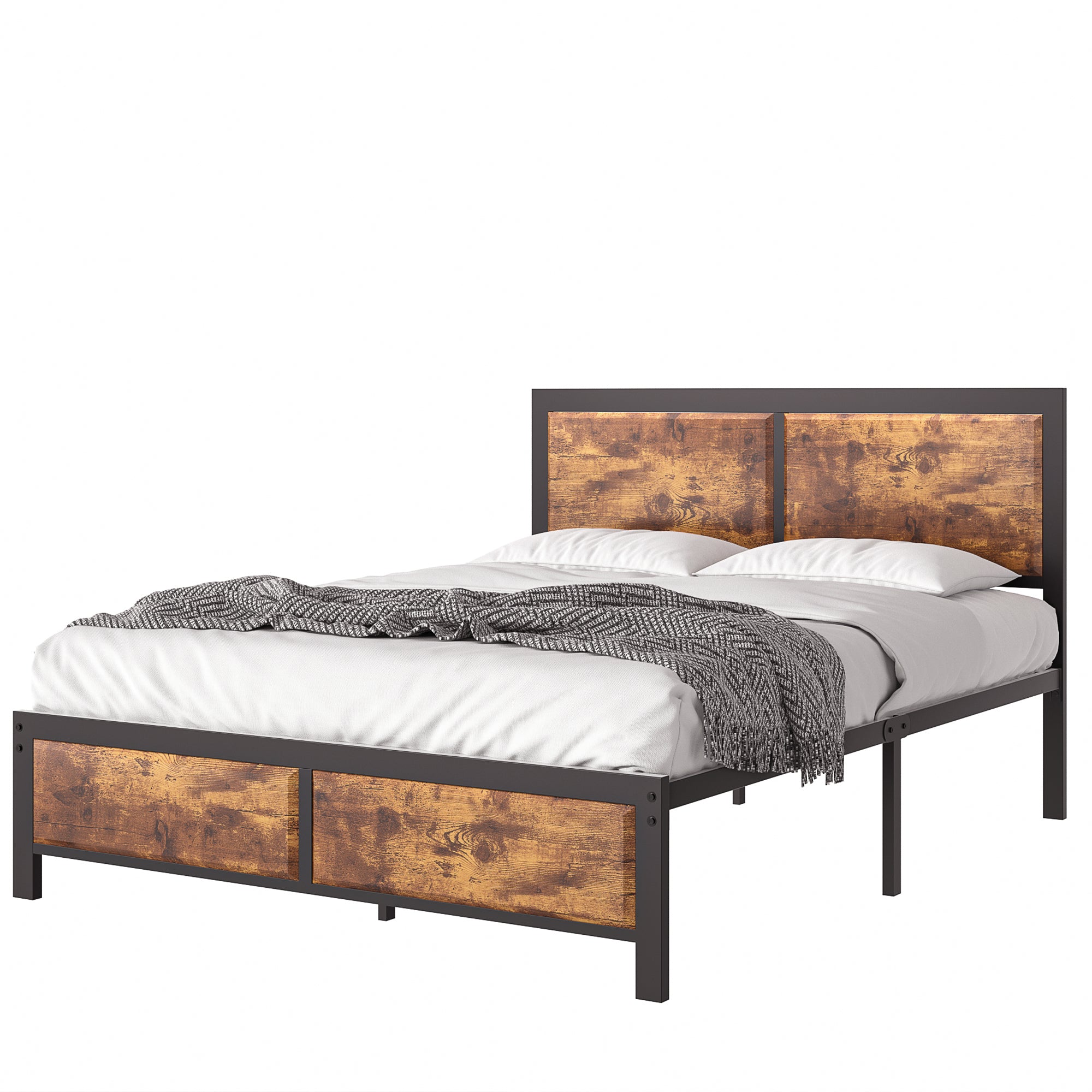 VECELO Platform Bed Frame, Mattress Foundation with Rustic Vintage Wood Headboard - VECELO