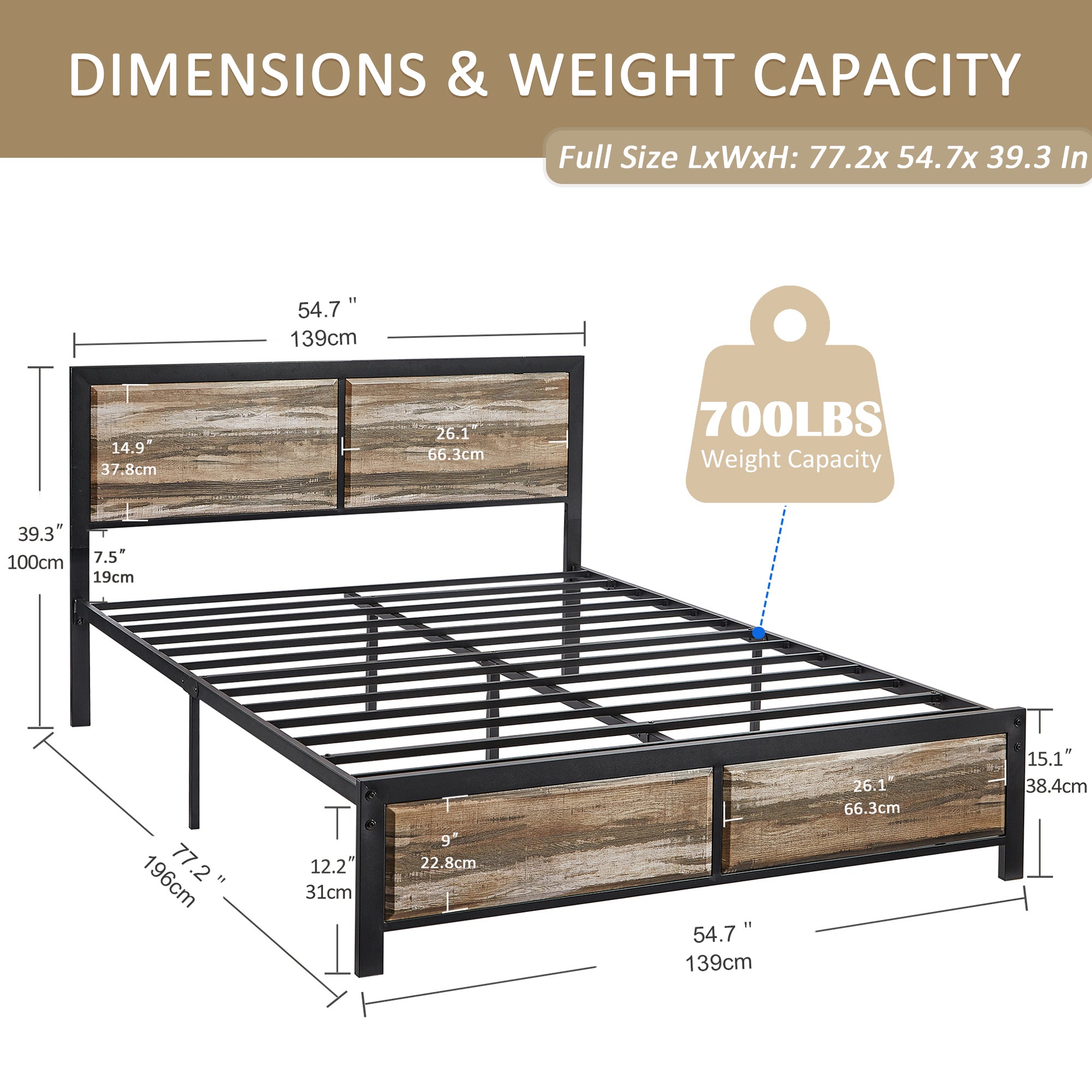 VECELO Platform Bed Frame, Mattress Foundation with Rustic Vintage Wood Headboard - VECELO