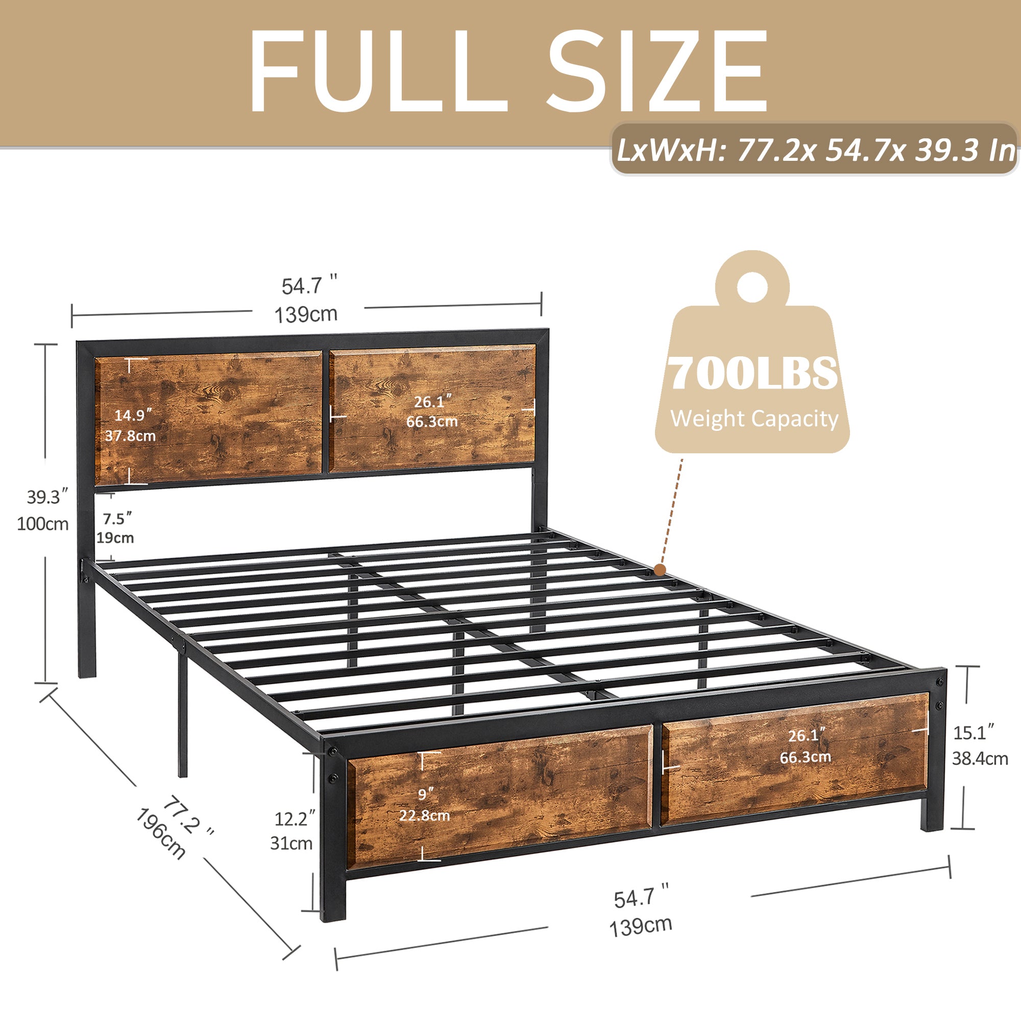VECELO Platform Bed Frame, Mattress Foundation with Rustic Vintage Wood Headboard - VECELO