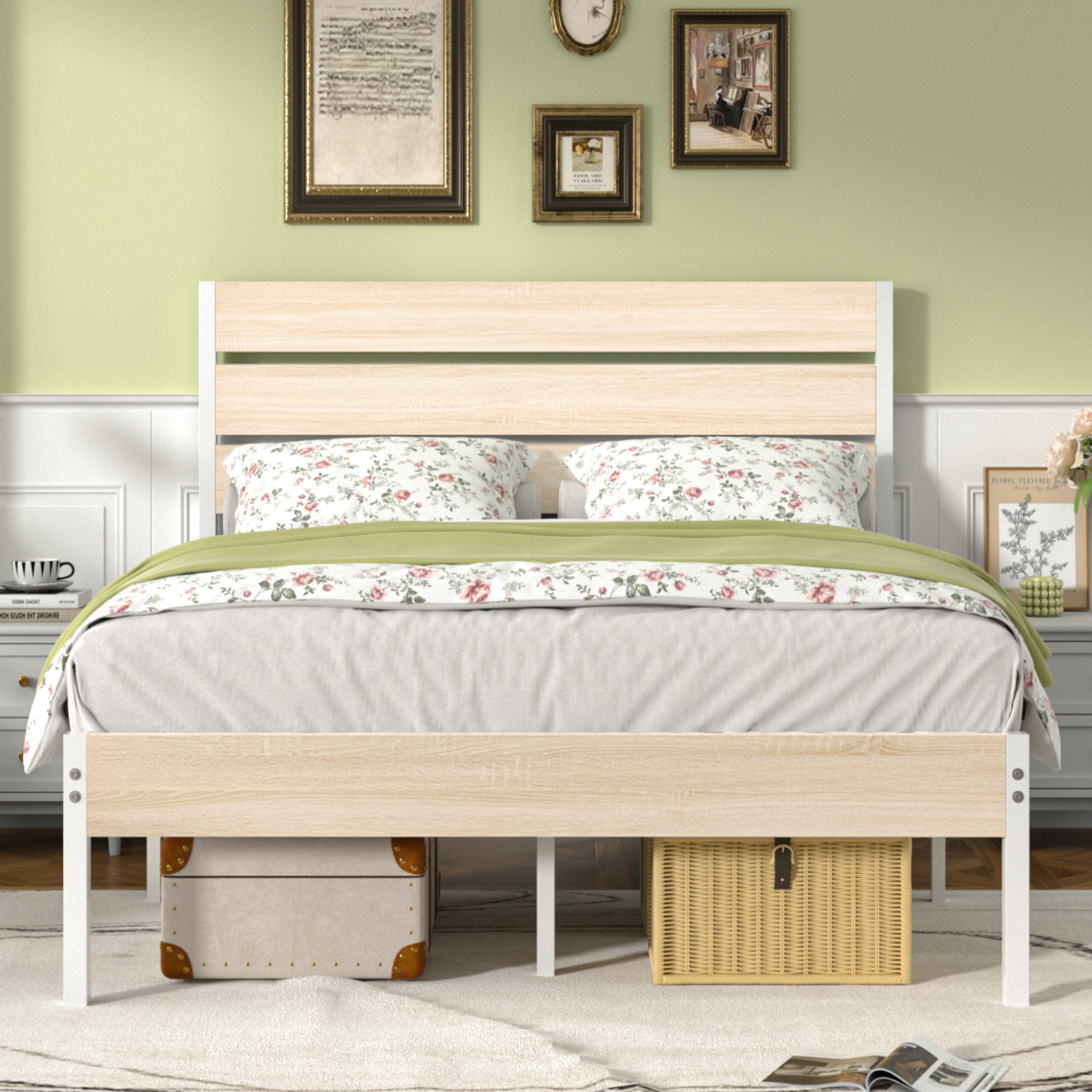 VECELO Platform Bed Frame with Rustic Vintage Wood Headboard/Strong Metal Slats Support