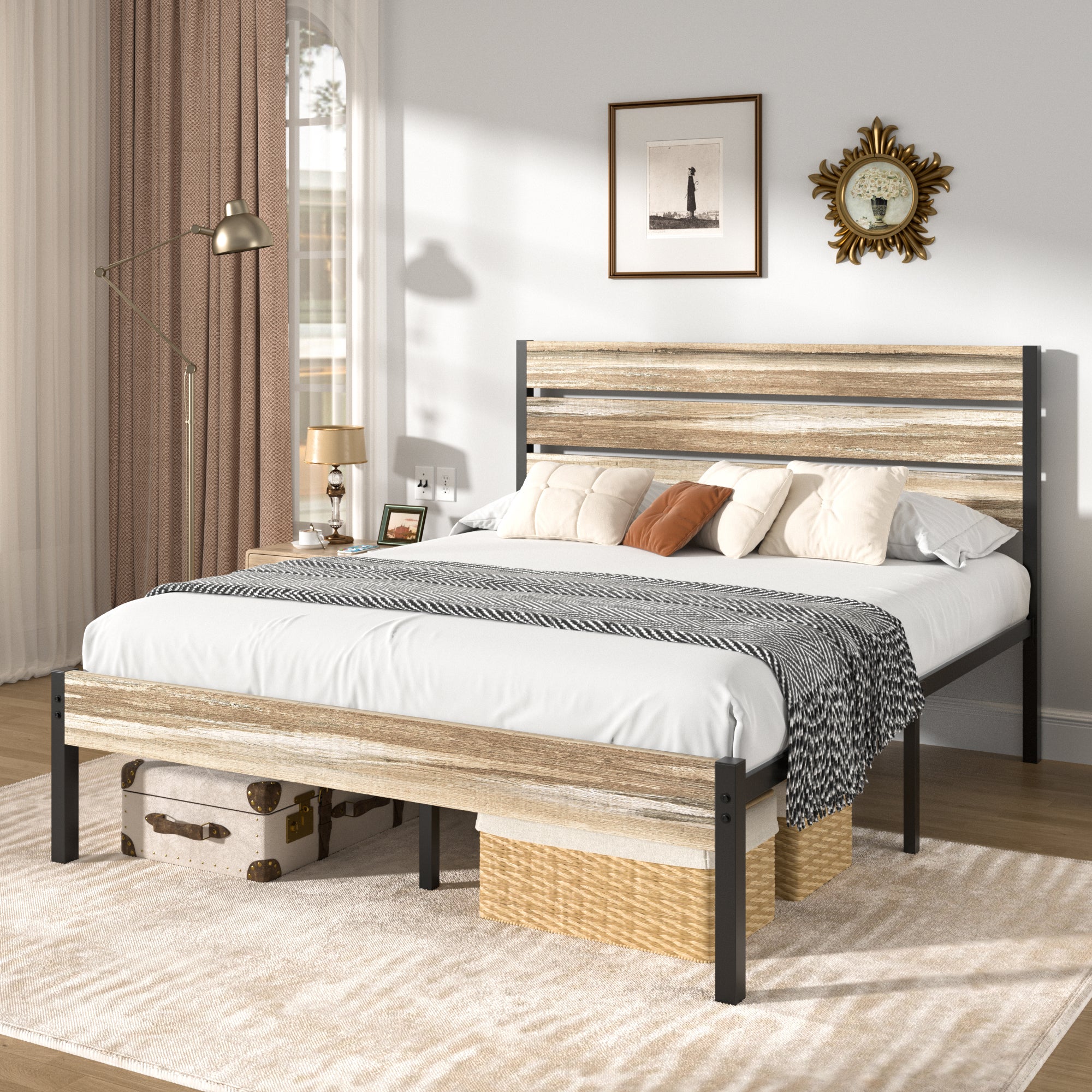 VECELO Platform Bed Frame with Rustic Vintage Wood Headboard/Strong Metal Slats Support