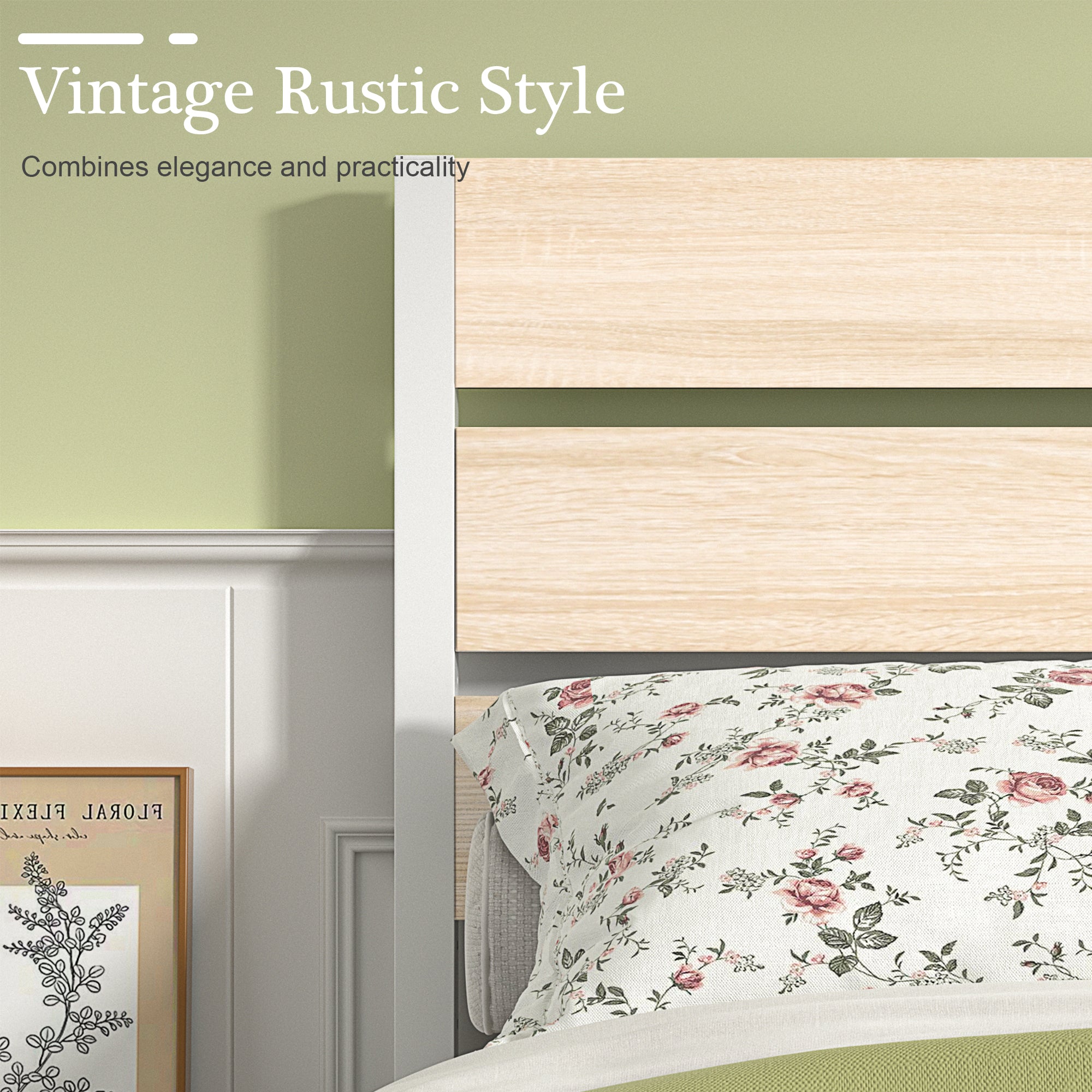 VECELO Platform Bed Frame with Rustic Vintage Wood Headboard/Strong Metal Slats Support