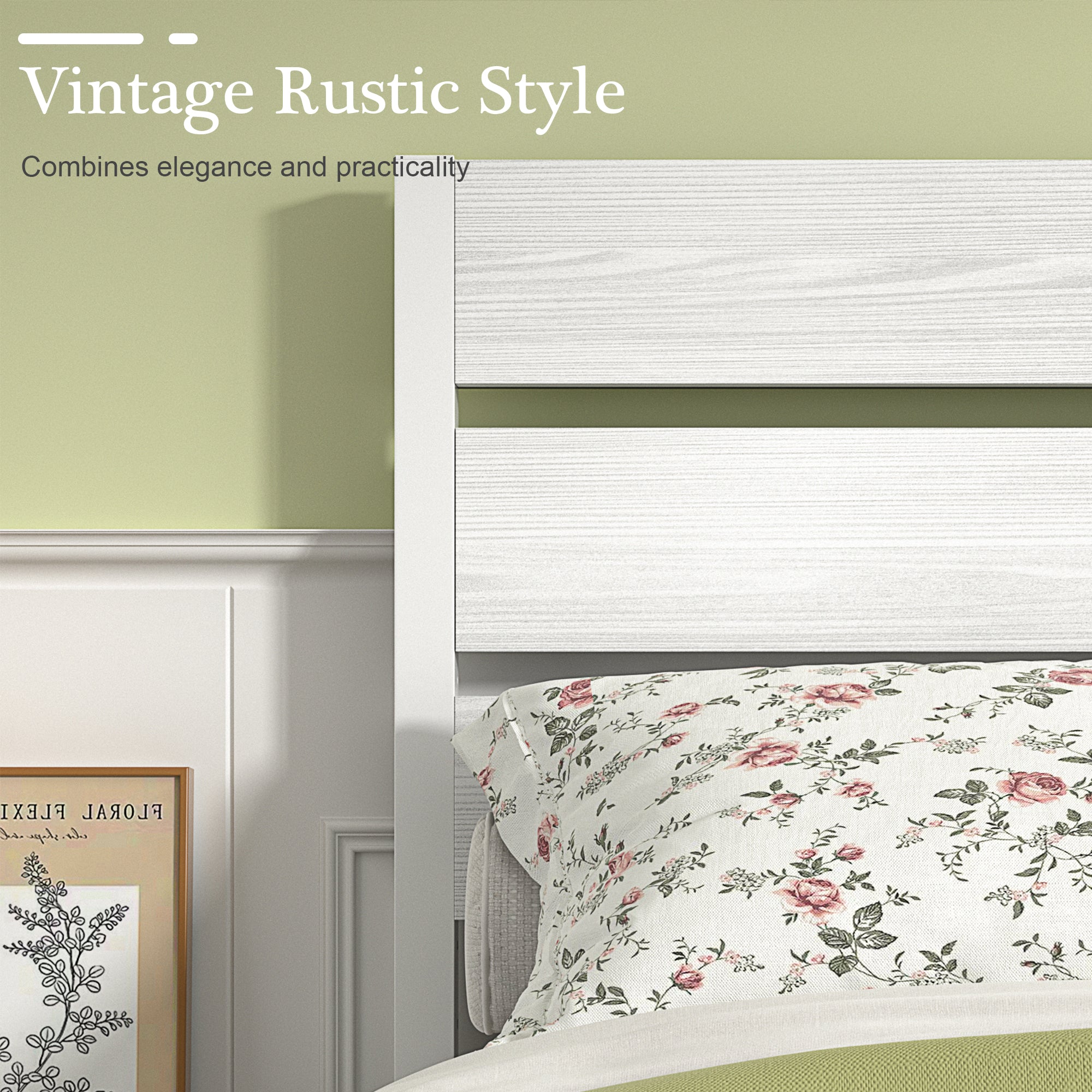 VECELO Platform Bed Frame with Rustic Vintage Wood Headboard/Strong Metal Slats Support